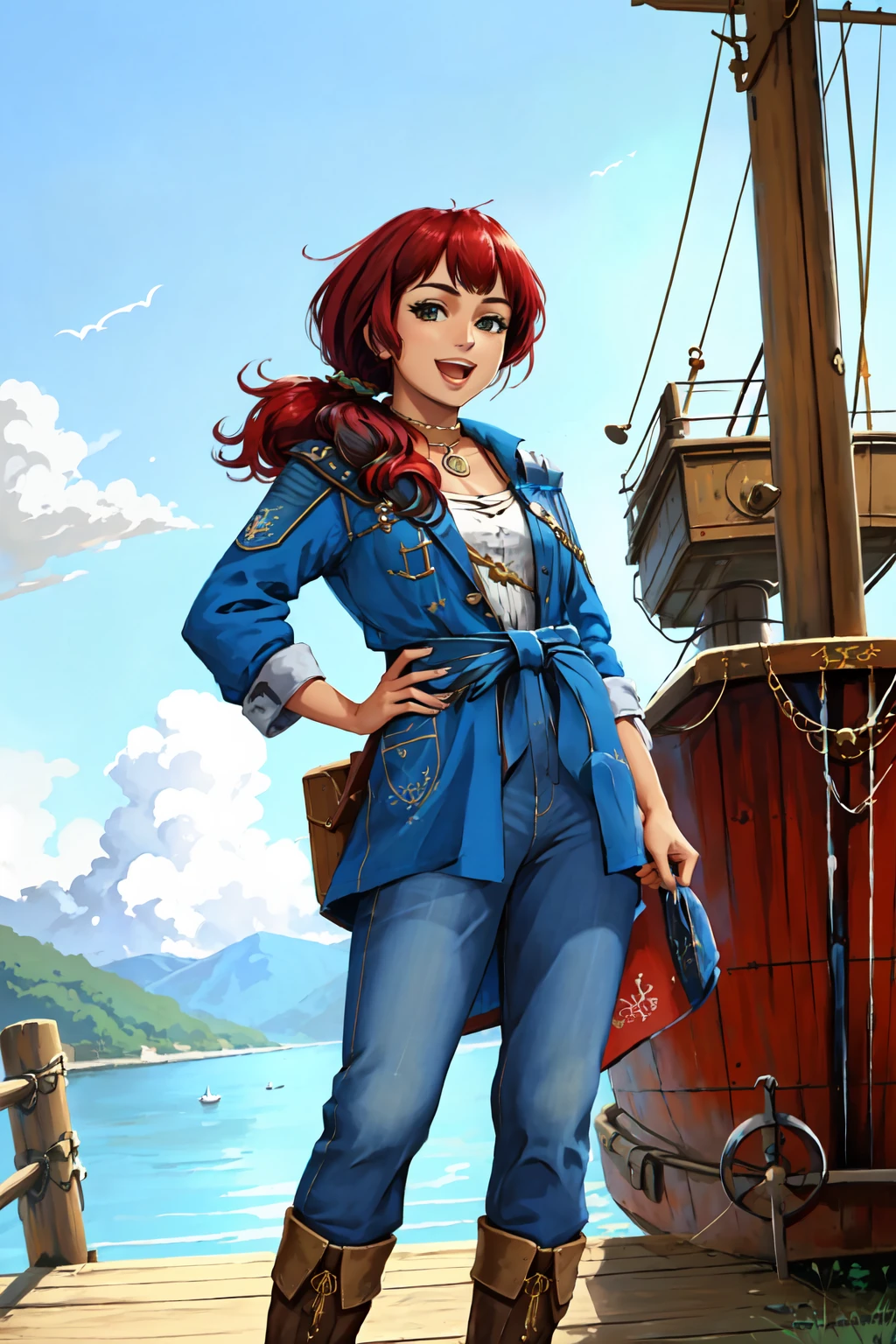 1girl,jhoiracurrent, <lora:JhoiraCurrent:0.8>,standing,ponytail,hair over shoulder,jacket,pants,boots,choker,happy,:d,on deck of ship,wooden pirate ship,in sky,full body,looking at viewer,front shot,flat color,ligne claire,arms at sides