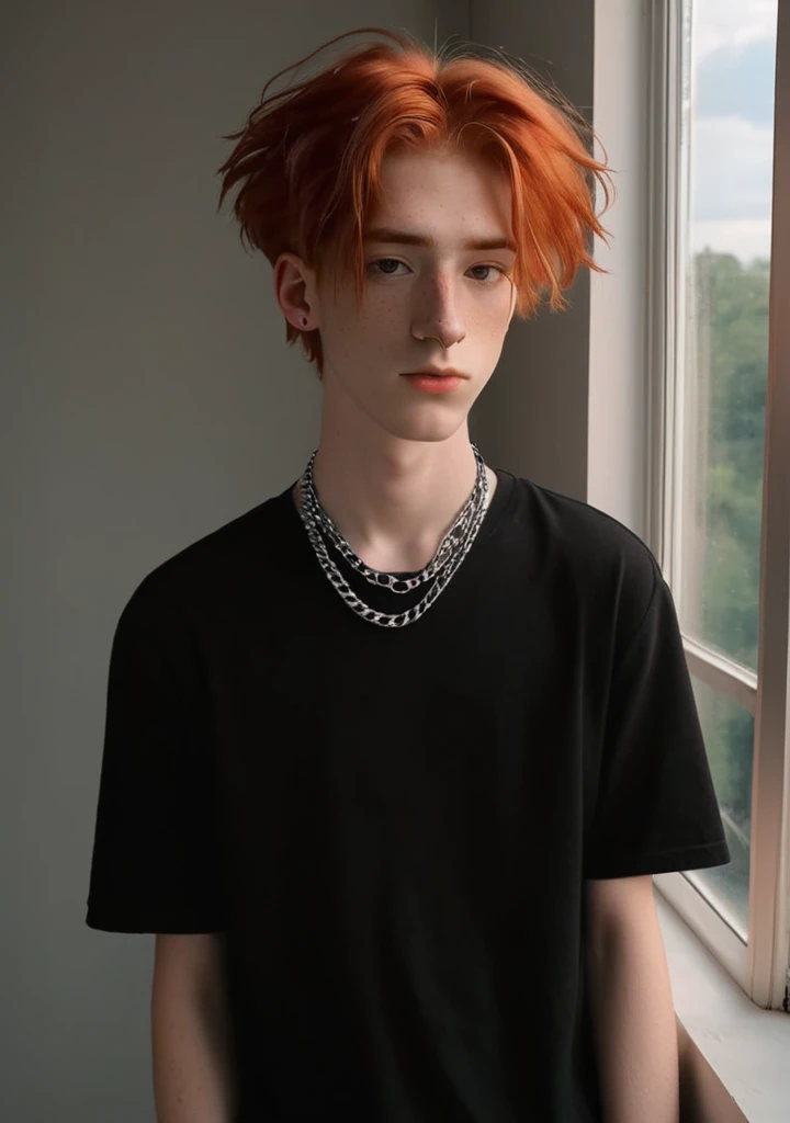 alt fashion, best quality, masterpiece, aesthetic, dynamic angle, detailed, full body image of young man with big nose and (red:0.2) hair, looking at camera, standing near the window, (plain black) t-shirt, neck chain, best aesthetic, soft light <lora:alt_fashion_v2:1>