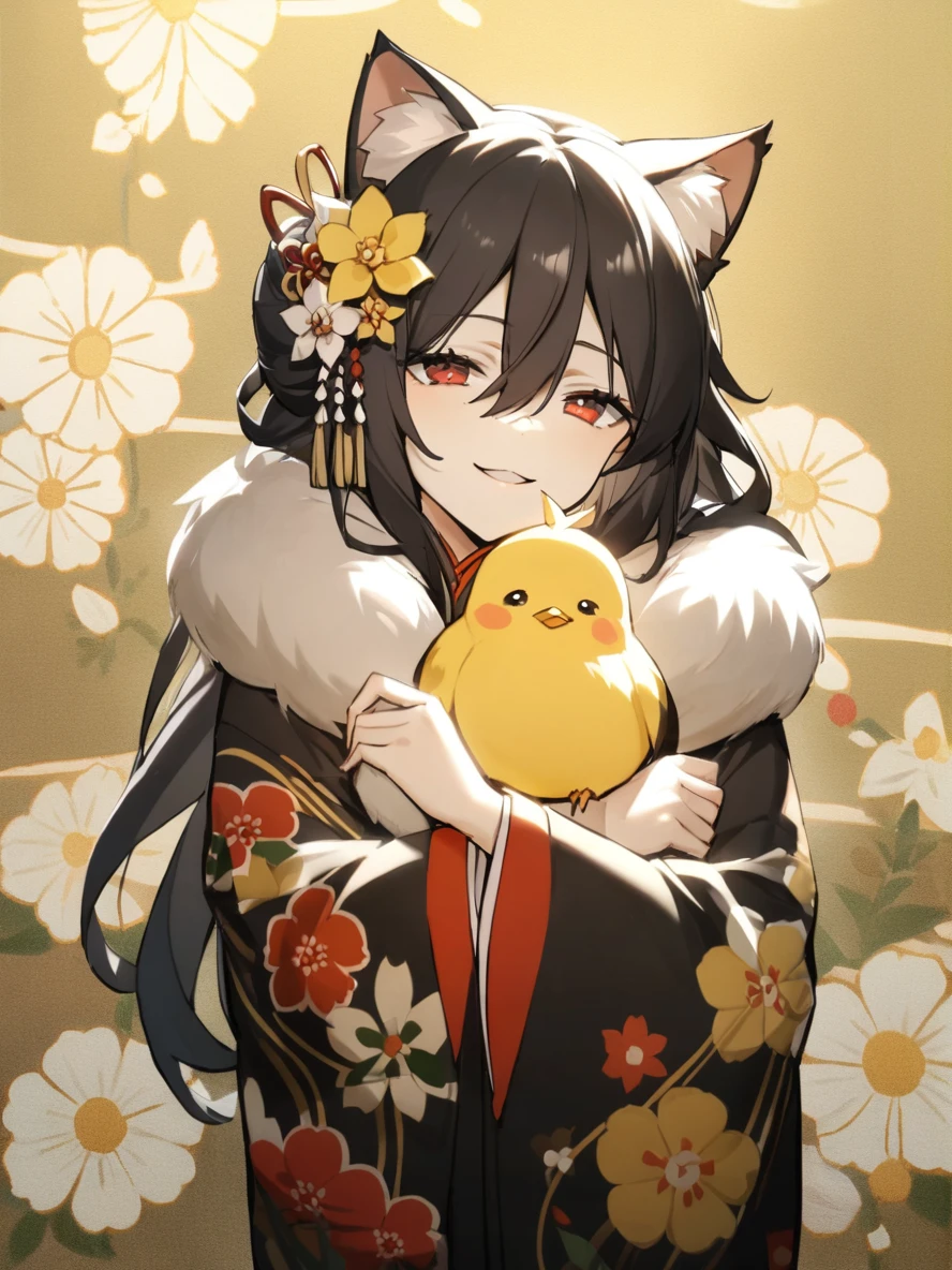 1girl,
solo, long hair, black kimono, parted lips, hair flower, white flower, cat ears, holding animal, hair between eyes, yellow flower, black hair, red eyes, fur collar, obi, flower, animal, long sleeves, upper body, holding, wide sleeves, animal ears, looking at viewer, kimono, floral print, smile, japanese clothes, print kimono, sash, bird, animal ear fluff, chick,
masterpiece, best quality, safe
<lora:mki-ani3-konya_karasue-v2:1>