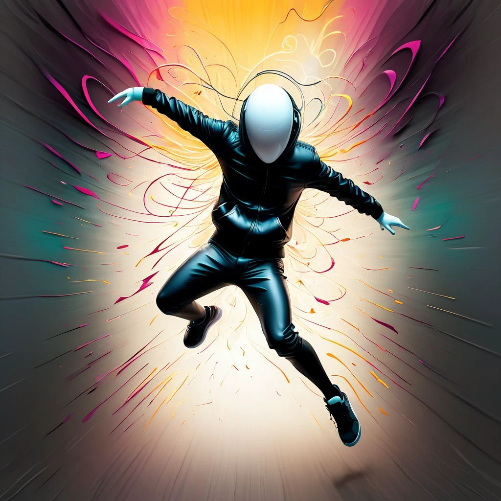 a magnificent digital painting of cyber punk mannequin faceless egghead wearing futuristic hip hop clothes caught in a wild jump against an abstract swirls background. Use a vivid color palette to bring out the intensity of the scene. Capture the energy and flamboyance of mannequin's moves, making it an unforgettable piece of AI art.