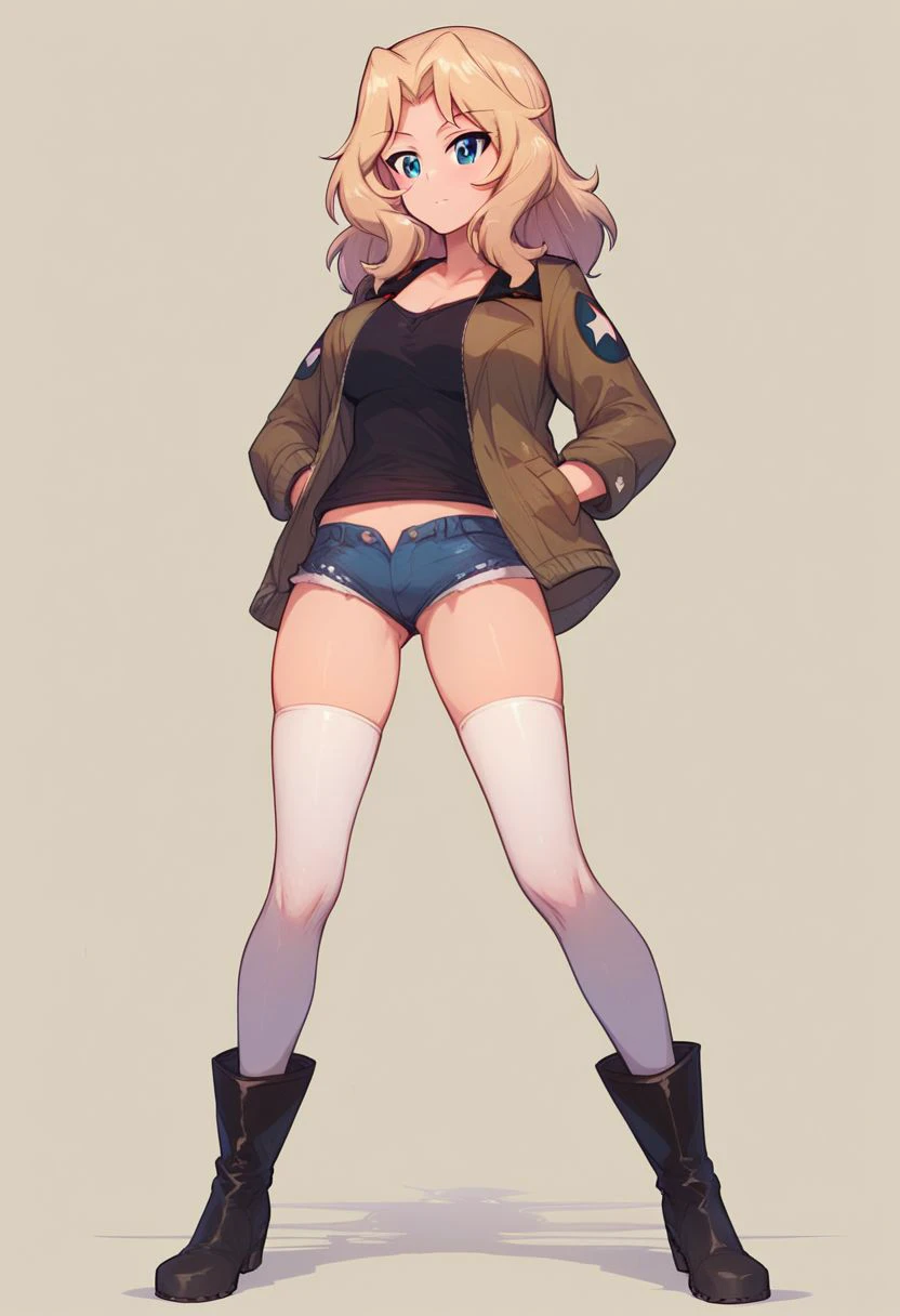 score_9, score_8_up, score_7_up, best quality, masterpiece, 
1girl, Kay (Girls und Panzer), full body, standing, hands in pockets, legs apart, saunders military uniform, white thighhighs, black boots, black shirt, hotpants, blonde hair, blue eyes,