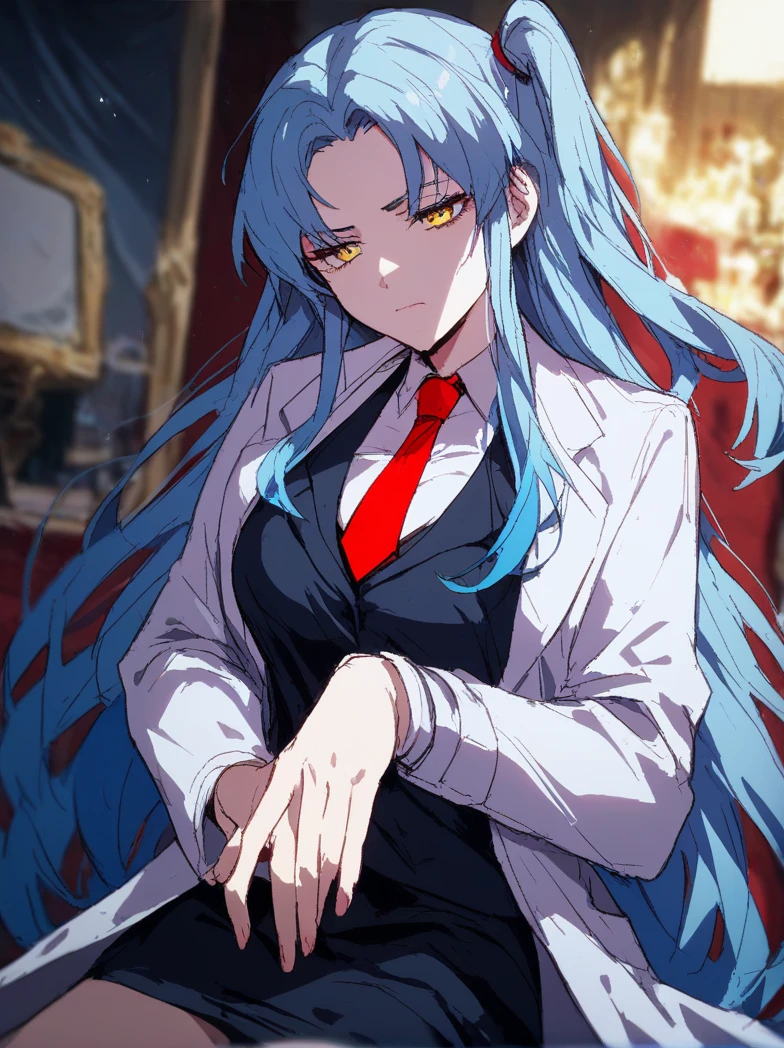 (score_9, score_8_up:1.1), score_7_up, masterpiece, <lora:Angela_Project_Moon:1>, AngelaPM, LC, 1girl, solo, long hair, breasts, bangs, shirt, long sleeves, closed mouth, blue hair, yellow eyes, white shirt, necktie, collared shirt, black skirt, vest, parted bangs, one side up, own hands together, red necktie, black vest, labcoat