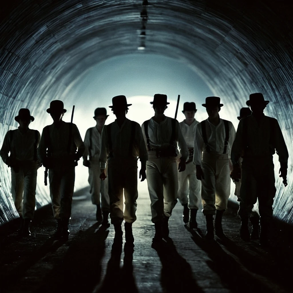 cinematic film still of  <lora:perfection style:0.5> <lora:detailed:0.5> perfection detailed
 <lora:Clockwork Orange film style:0.9>
In a futuristic dystopian Britain a group of men covered in shadows standing in a tunnel with moonlight in backgroun,hat,standing,weapon,male focus,multiple boys,pants,gun,shadow,walking,6+boys,silhouette,5boys , cinematic, film, kodak, Clockwork Orange film style, shallow depth of field, vignette, highly detailed, high budget, bokeh, cinemascope, moody, epic, gorgeous, film grain, grainy