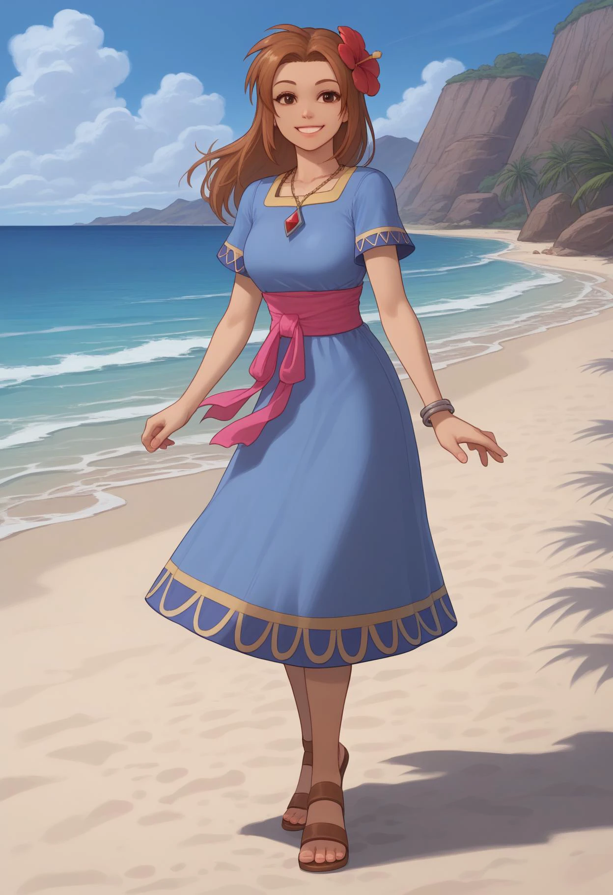 score_9,  score_8_up, solo, <lora:Degen_Marin_v1-000009:1> marin, blue dress, sash, necklace, short sleeves, single hair flower, sandals, brown eyes, smile, beach, getting undressed