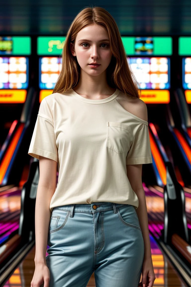 <lora:kawaii7.1.3_obj20:0.75:0.25>, European woman, closeup, (shirt), pants, (bowling alley), pearl necklace , ZM_maria, wide shoulders, perfect face, (contact iris: 1.1), pale skin, skin pores , depth of field