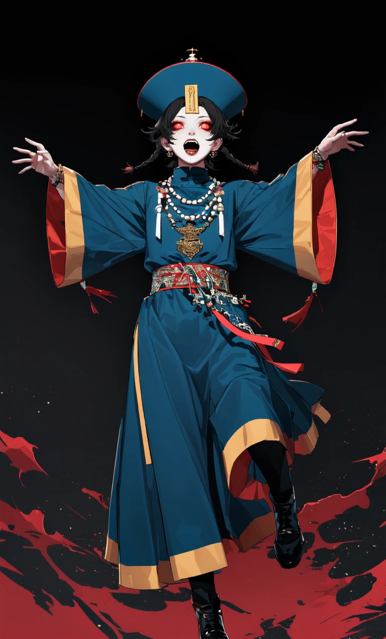 ((masterpiece)), ((best quality)), 8k, high detailed, ultra-detailed,1girl, jiangshi, jiangshi costume, talisman, open mouth, ofuda, solo, red eyes, outstretched arms, black hair, looking at viewer, necklace, braid, long sleeves, glowing <lora:psycho_JiangS:0.7>