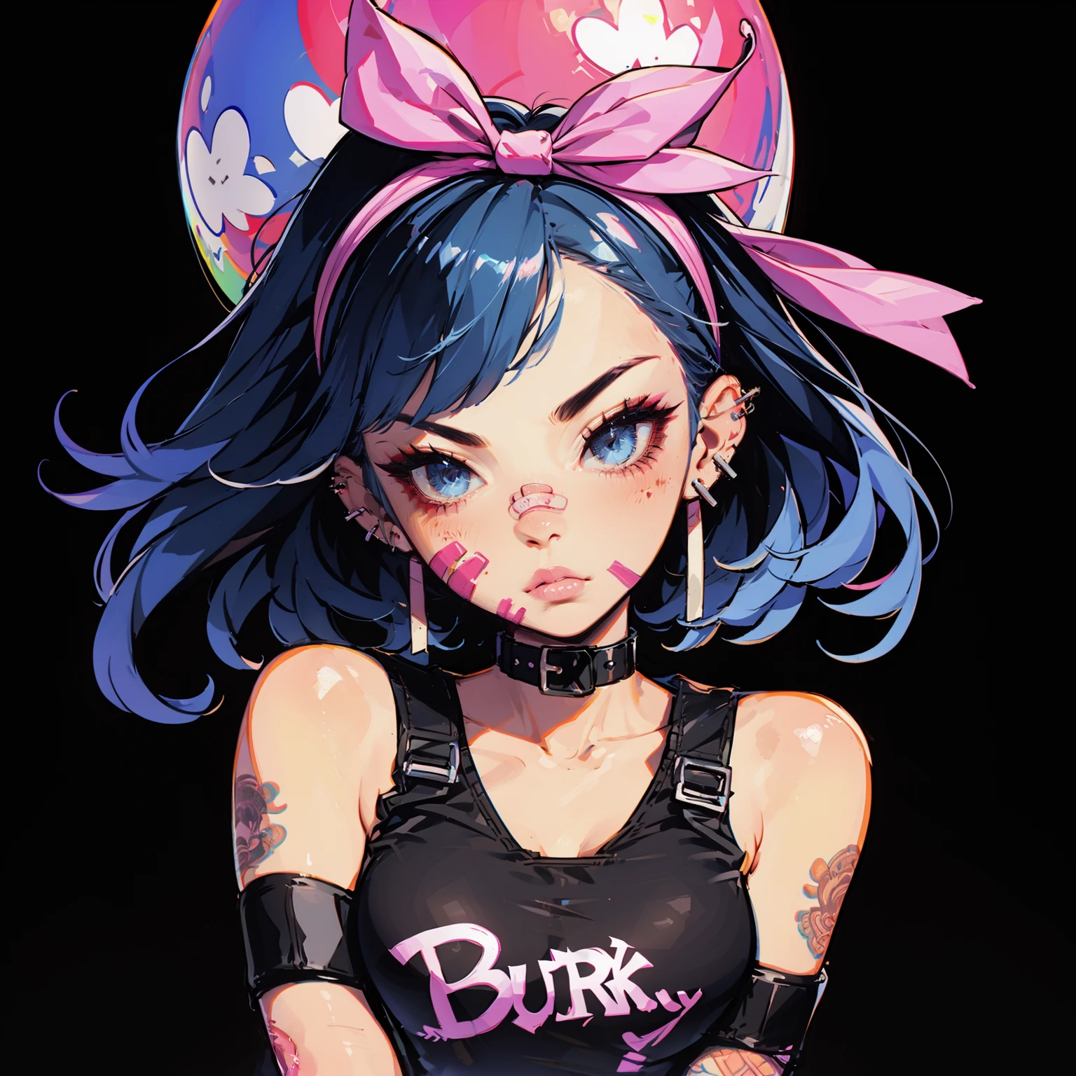 colorful,HEZI,Burst girl,gorgeous,detailed,1girl,solo,jewelry,earrings,looking at viewer,black hair,black background,tattoo,upper body,blue eyes,bandaid,hairband,lips,bandaid on face,piercing,ear piercing,tank top,bangs,bare shoulders,collar,pink lips,makeup,pink hairband,shirt,eyelashes,pink bow,medium hair,arm tattoo,multicolored hair,clothes writing,choker,breasts,blue hair,long hair,bow,circle,balloon,closed mouth,black shirt,cross earrings,collarbone,short hair,parted lips,shoulder tattoo,sleeveless,strap,cross,ribbon,eyeshadow,lipstick,simple background,black collar,small breasts,black tank top,blush,bandaid on cheek,hair bow,swept bangs,english text,character name,pink ribbon,<lora:ç¸è£æå¥³å©-000009:0.75>,