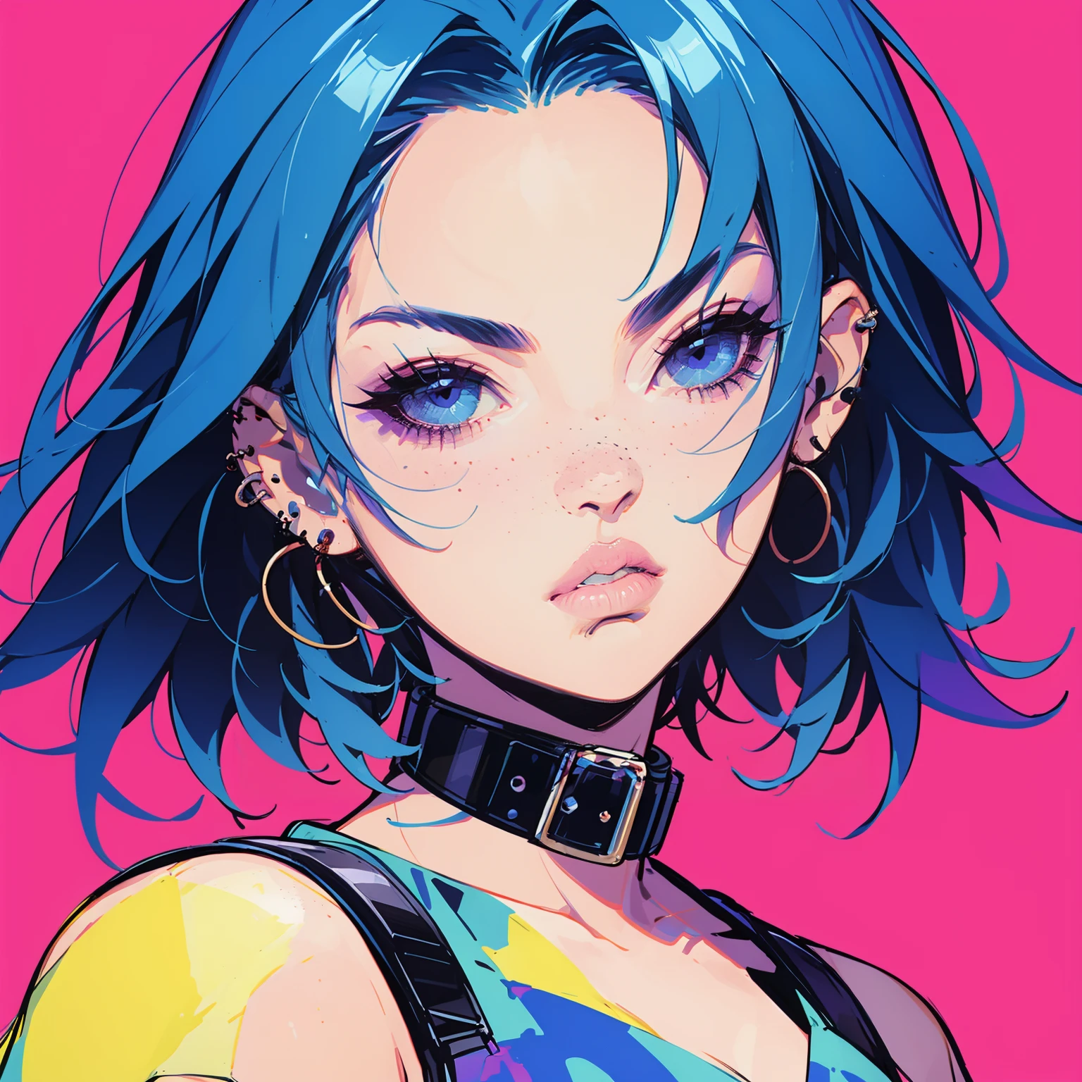colorful, HEZI, Burst girl, gorgeous, detailed, 1girl, solo, pink background, portrait, freckles, simple background, blue hair, short hair, looking at viewer, purple eyes, piercing, bare shoulders, lips, closed mouth, earrings, jewelry, ear piercing, blue eyes, looking to the side, bangs, medium hair, collar, hair over one eye, upper body, purple hair, multicolored hair, makeup, sleeveless, pink lips, choker,<lora:ç¸è£æå¥³å©-000009:0.75>,