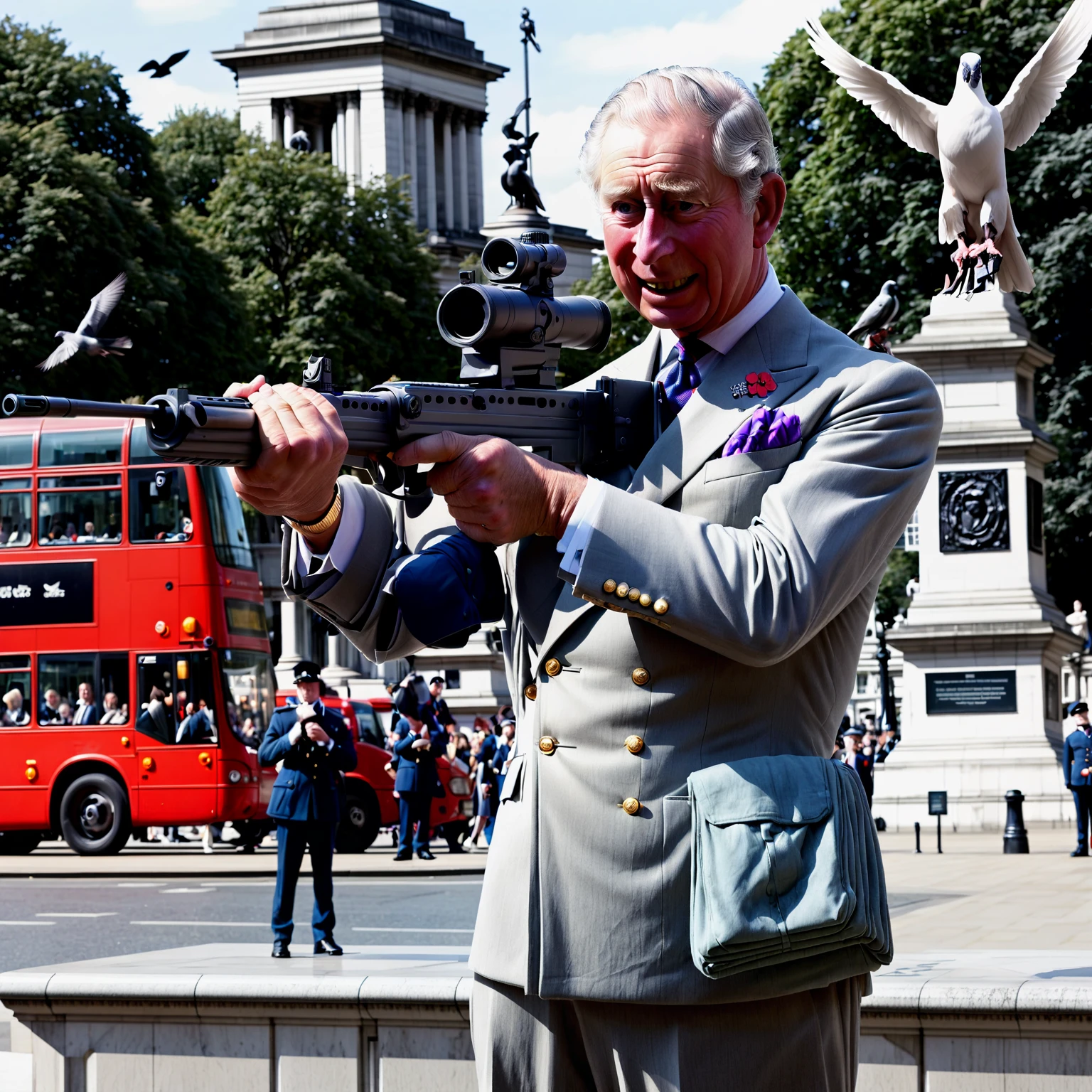Prince Charles aiming a rifle in Trafalgar Square, London, buses, pigeons, statues, l85, scope,