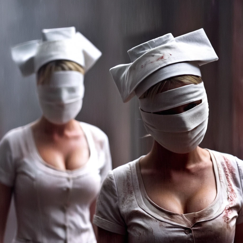 cinematic film still of  <lora:perfection style:0.5> <lora:detailed:0.5> perfection detailed
 <lora:Sairento Hiru style:0.9>
 <lora:Nurse:0.9>
In the mysterious New England town of Silent Hill faceless Nurse a creepy Nurse of a woman with a bandage on her head,1girl,solo,breasts,hat,bandages , cinematic, supernatural, horror style, Sairento Hiru style, shallow depth of field, vignette, highly detailed, high budget, bokeh, cinemascope, moody, epic, gorgeous, film grain, grainy