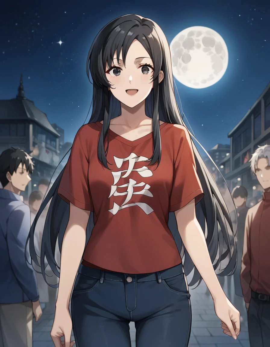 score_9, score_8_up, score_7_up, source_anime,
1girl, girl focus, looking at viewer, happy, 
outdoors, tokyo city, Dark sky, stars, moon, crowd, night market, 
<lora:nanahoshi_shizuka_anime_s2_v2-soralz:1>, nanahoshi shizuka, long hair, black hair, bangs, sidelocks, black eyes,
pants, red t-shirt,