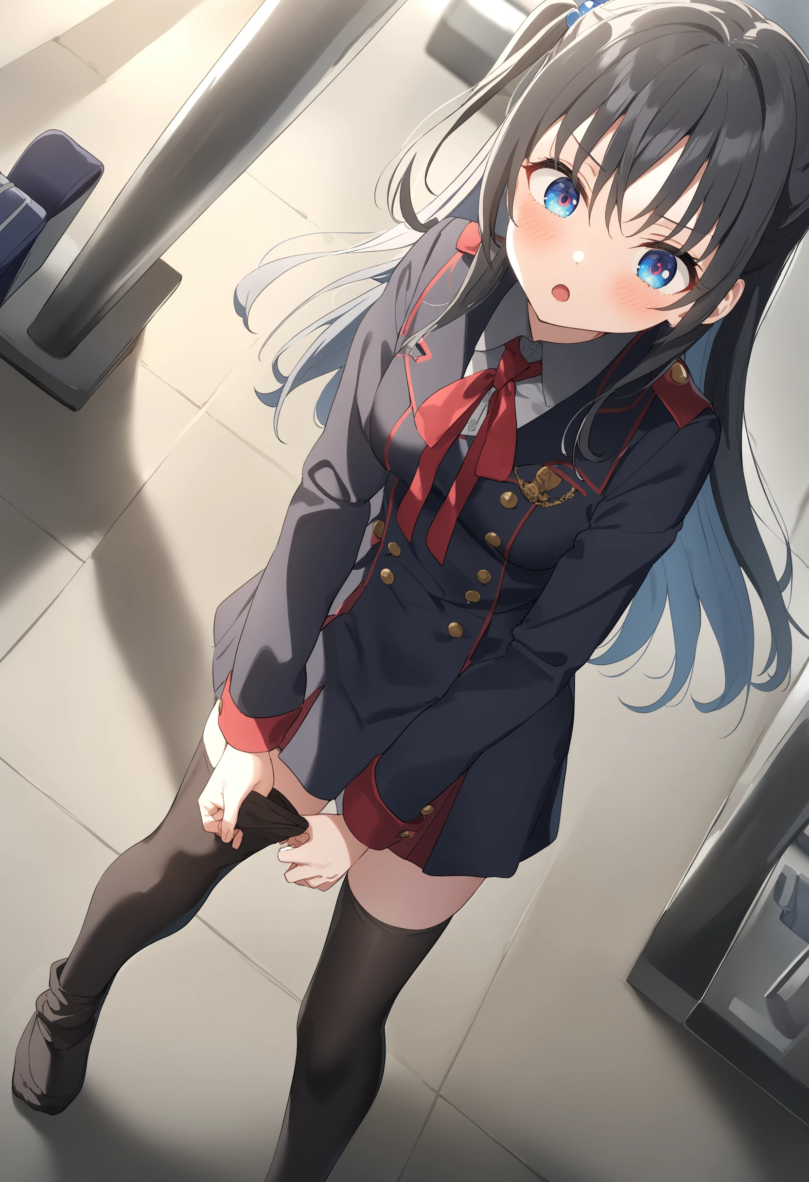 1girl,sincos, ningen mame, toosaka asagi,solo,medium breasts,school uniform,
dressing socks, adjusting legwear, <lora:dressingsocks_XL_v1:1.0>
from above, cinematic angle, looking down, silver hair, blue eyes,dark persona, airport terminal, open mouth, one side up hair,,
best quality, very aesthetic, absurdres,