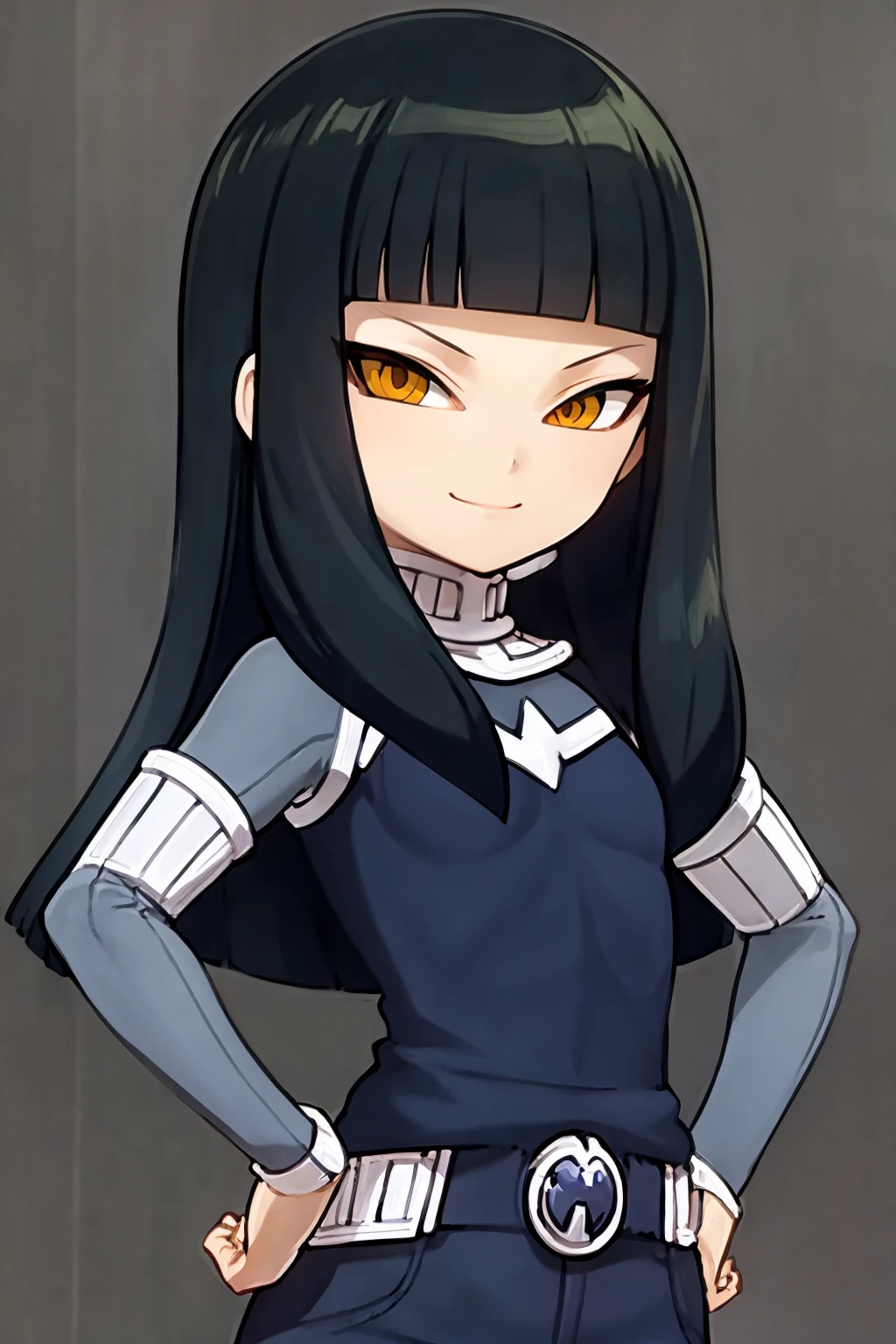 masterpiece, best quality,
1girl, dhanna, black hair, blunt bangs, long hair, yellow eyes, protocolomega uniform, belt, bodysuit,
hands on hips, smile, upper body, solo, looking at viewer, simple background, solid grey background  <lora:Dhanna:1>