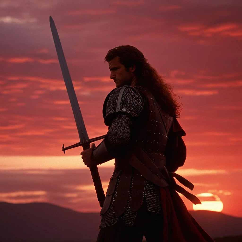 UHD, 4k, ultra detailed, cinematic, a photograph of <lora:detailed:0.2> 
<lora:perfection style:0.2>
<lora:Ron Fricke style:0.1>
 <lora:Braveheart film style:0.8>
In 1280 Mel Gibson William Wallace  a man in armor holding a sword and a standing outdoors in sunset with epic red sky,solo,long hair,brown hair,1boy,holding,weapon,male focus,sky,sword,cloud,holding weapon,armor,holding sword,realistic,red sky , 13th century, cinematic, kodak, Braveheart film style, epic, beautiful lighting, inpsiring