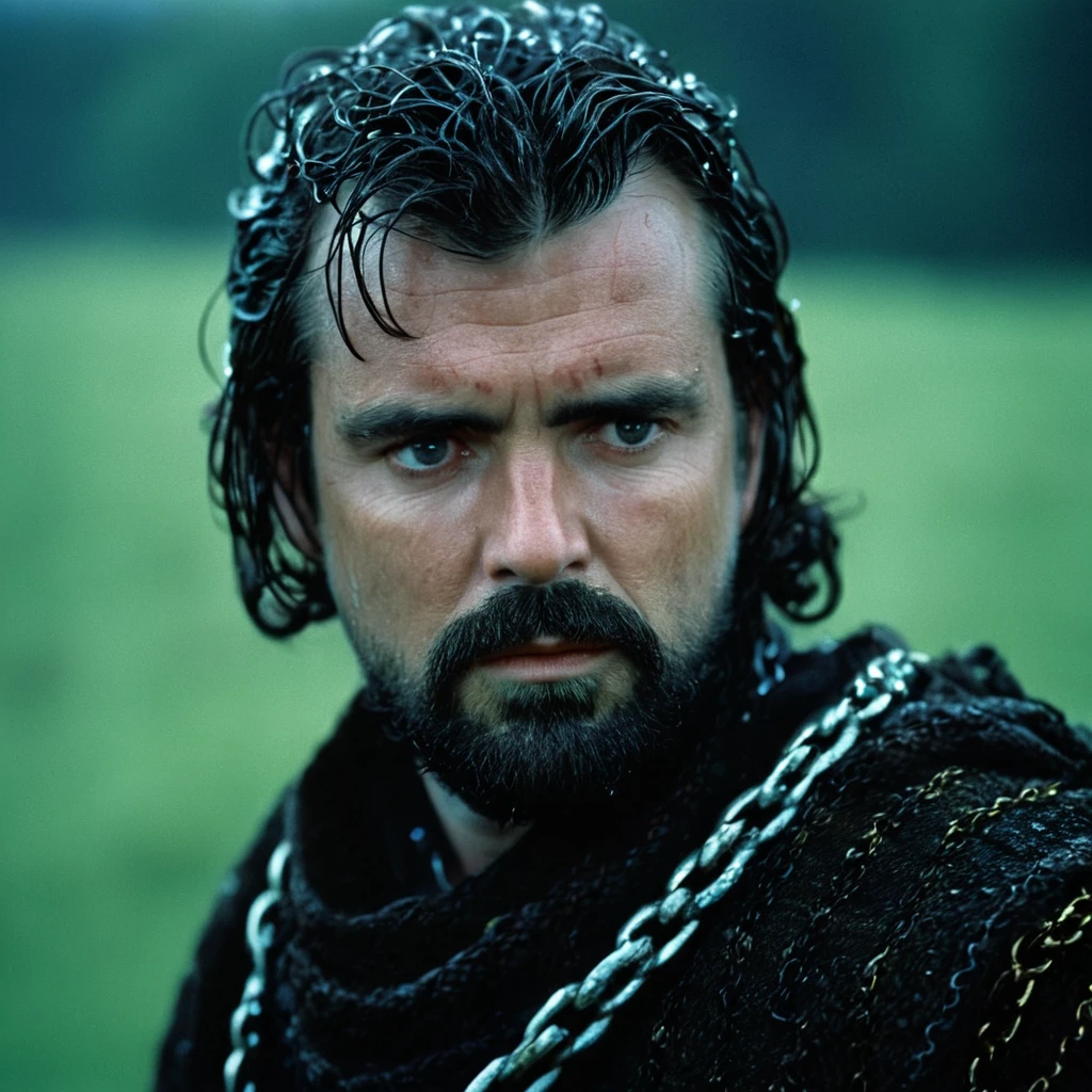 cinematic film still of <lora:detailed:0.2> 
<lora:perfection style:0.2>
<lora:Ron Fricke style:0.1>
 <lora:Braveheart film style:1>
In 1280 Angus Macfadyen Robert the Bruce a wet hair man with a beard and a chain around his neck,solo,simple background,black hair,1boy,male focus,scarf,facial hair,scar,messy hair,portrait,beard,realistic,mustache,black scarf , 13th century, cinematic, kodak, Braveheart film style, shallow depth of field, vignette, highly detailed, high budget, bokeh, cinemascope, moody, epic, gorgeous, film grain, grainy