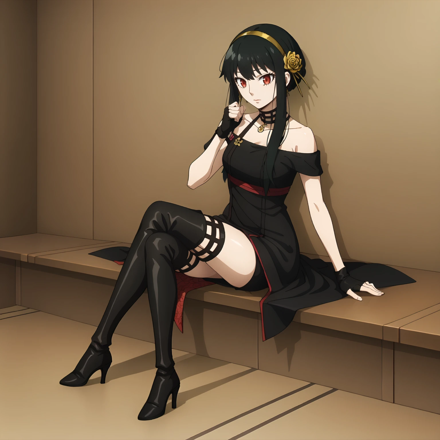 <lora:YorForgerXLpony004>,
solo,
YorForger,1girl,black hair,red eyes,short hair with long locks,
gold hairband,hair flower,
black choker,
black dress,sleeveless,off shoulder,
floral_print,
fingerless gloves,
black footwear,thigh high heel boots,
full body,sitting,
