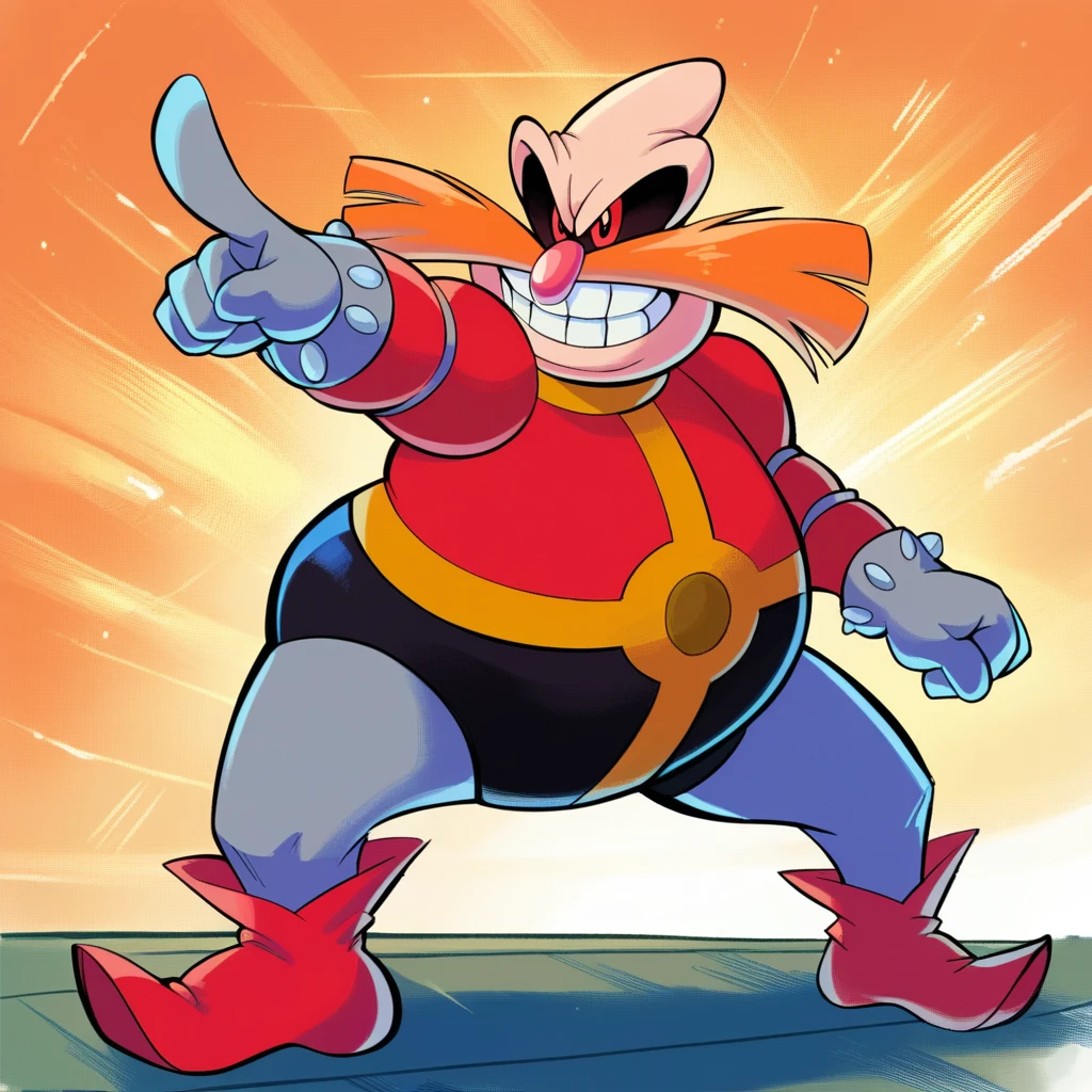 zPDXL, score_9_up, score_8_up, score_7_up, best quality, soft shading:1.4, masterpiece, source_anime, (orange background, speed lines), BREAK 1boy, solo, dr_robotnik_(\aosth\), bald, red eyes, orange mustache, pink nose, fat, red shirt, black pants, grey gloves, grey socks, red boots, action pose, pointing, smile, standing, <lora:PDXL_Robotnik_AOSTH:1>