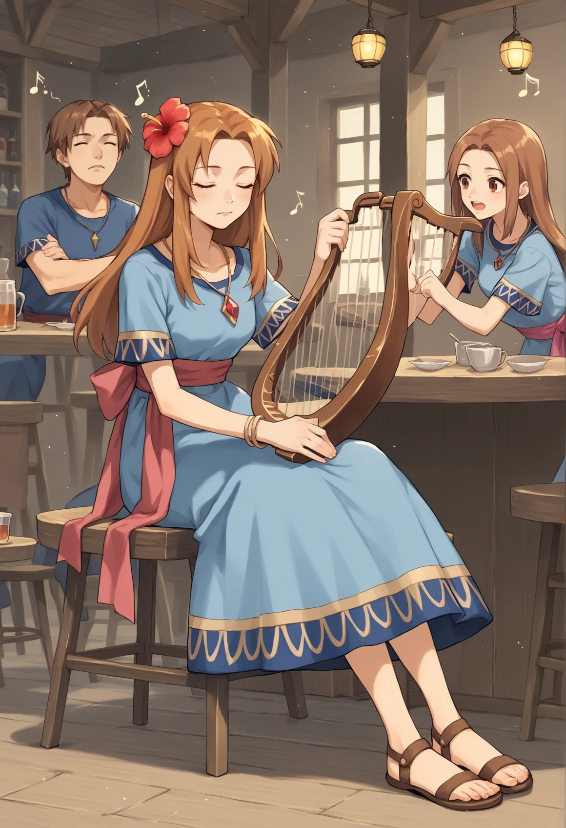 1girl, long hair, brown hair, brown eyes, hair flower, hibiscus, necklace, blue dress, sash, bracelet, jewelry, sandals, indoors, sitting, closed eyes, playing instrument, harp, tavern, musical note,  <lora:Marin_zelda:1>, score_9, score_8_up, score_7_up, score_6_up, score_5_up, score_4_up, BREAK source_anime, masterpiece