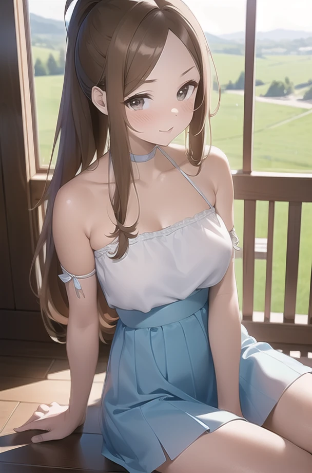 (best quality,4k,highres,masterpiece:1.2),ultra-detailed,1girl,takagi-san-adult,brown eyes,alternate hairstyle,bare shoulders,brown hair,folded ponytail,forehead,from side,half-closed eyes,looking at viewer,off shoulder,profile,(robe),sitting,solo,(striped robe),(tatami),yokozuwari,<lora:takagi-san-adult-sd15:1>,