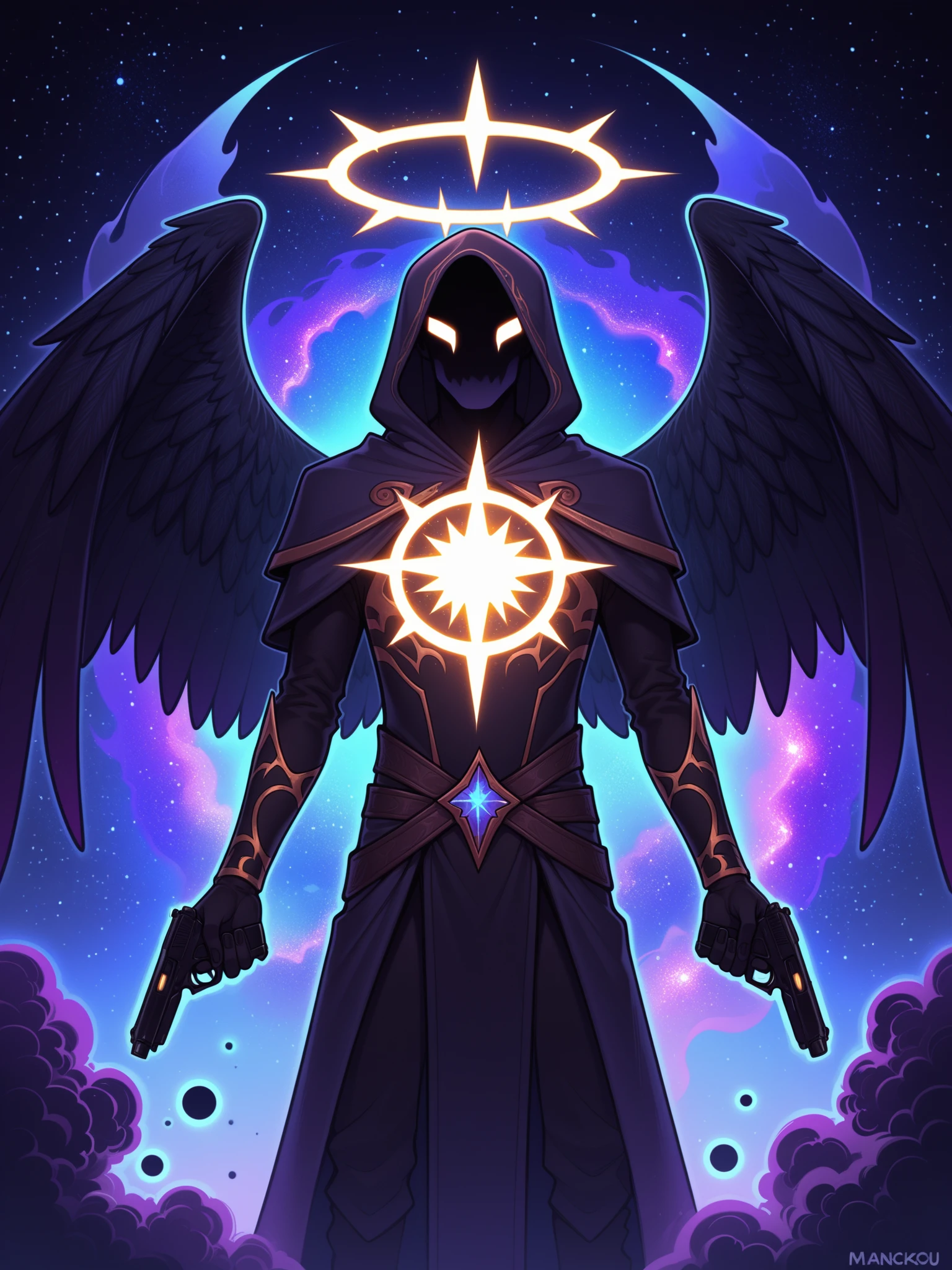 score_9, score_8_up, score_7_up, score_6_up, score_5_up, score_4_up, (derpibooru_p_95), source_cartoon, solo, (art by melkor mancin), cowboy shot, (faceless, eyeless, void mage, x-mark face paint:1.2), made from smoke, spirit, digital art, male, creature, cosmic, holding dual handguns, skinny, galaxy skin, halo, wings, galaxy background