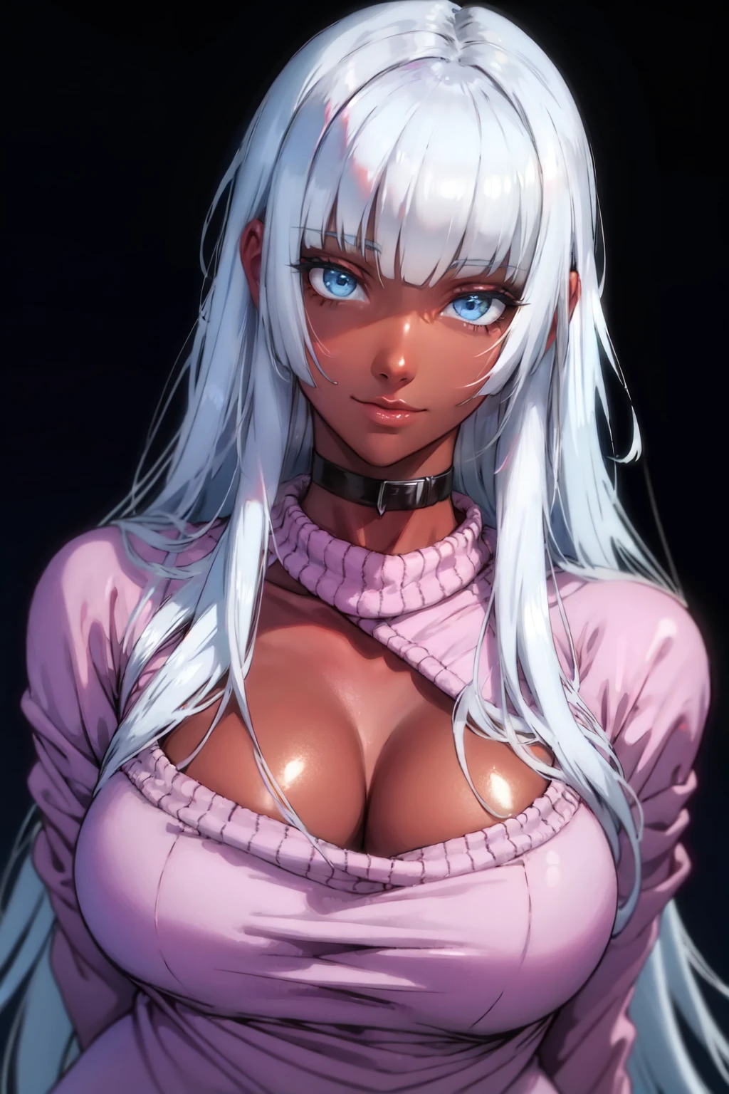 <lora:Wagaya_no_Liliana-san__Liliana:0.8>,liliana,dark-skinned female,long hair,white hair,blue eyes,breasts,large breasts,smile,(pink open-chest sweater, turtleneck,cleavage,black choker),