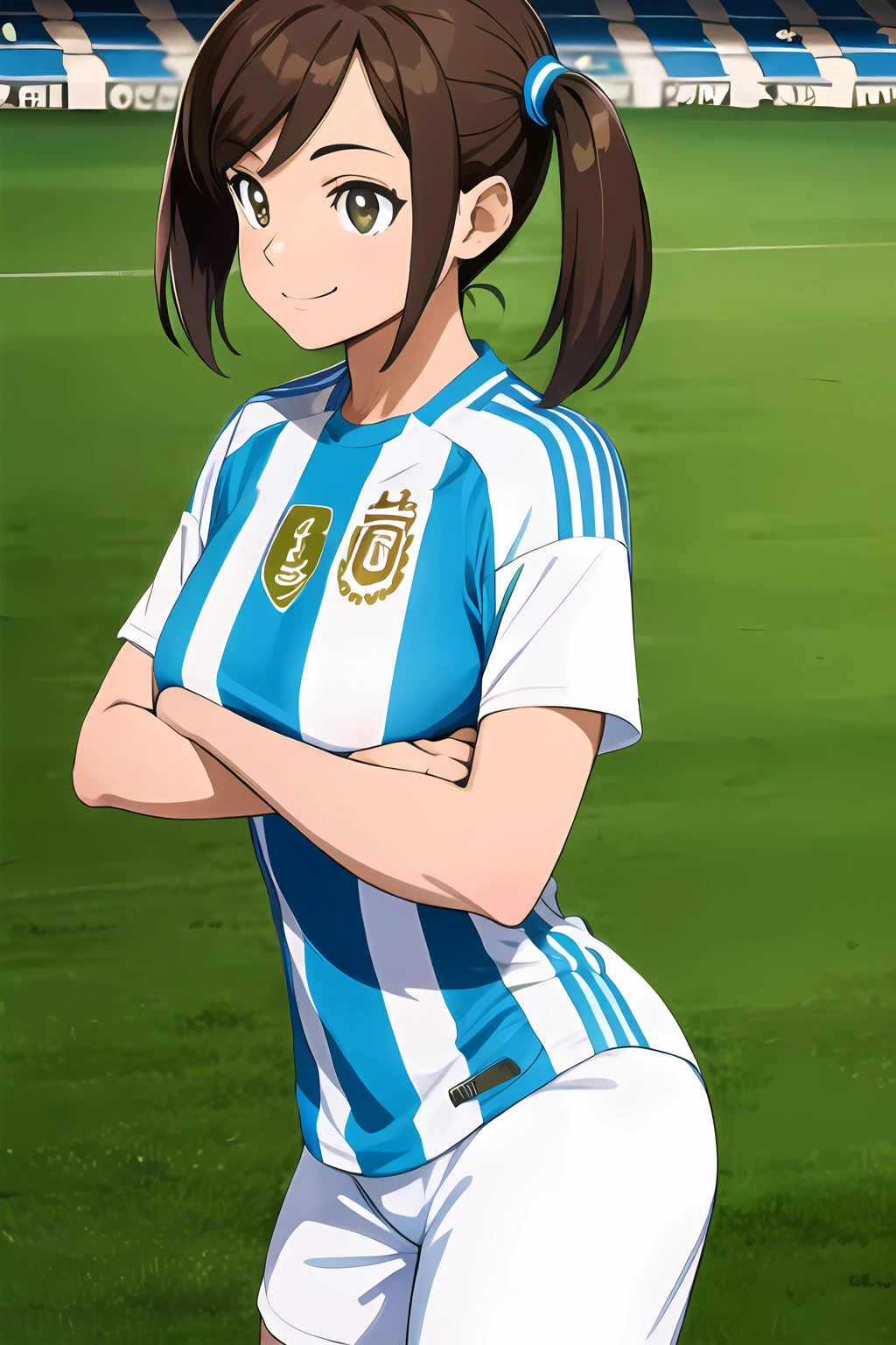 <lora:SC-AR63N_Shirt_2024:1>, ar63nt1n4, soccer uniform, sportswear, shirt, shorts, (cowboy shot:1.2), 1girl, brown hair, twintails, smile, (stadium:1.2), green field, massive breasts, crossed arms, from side, (best quality), (ultra-detailed), (best illustration)
