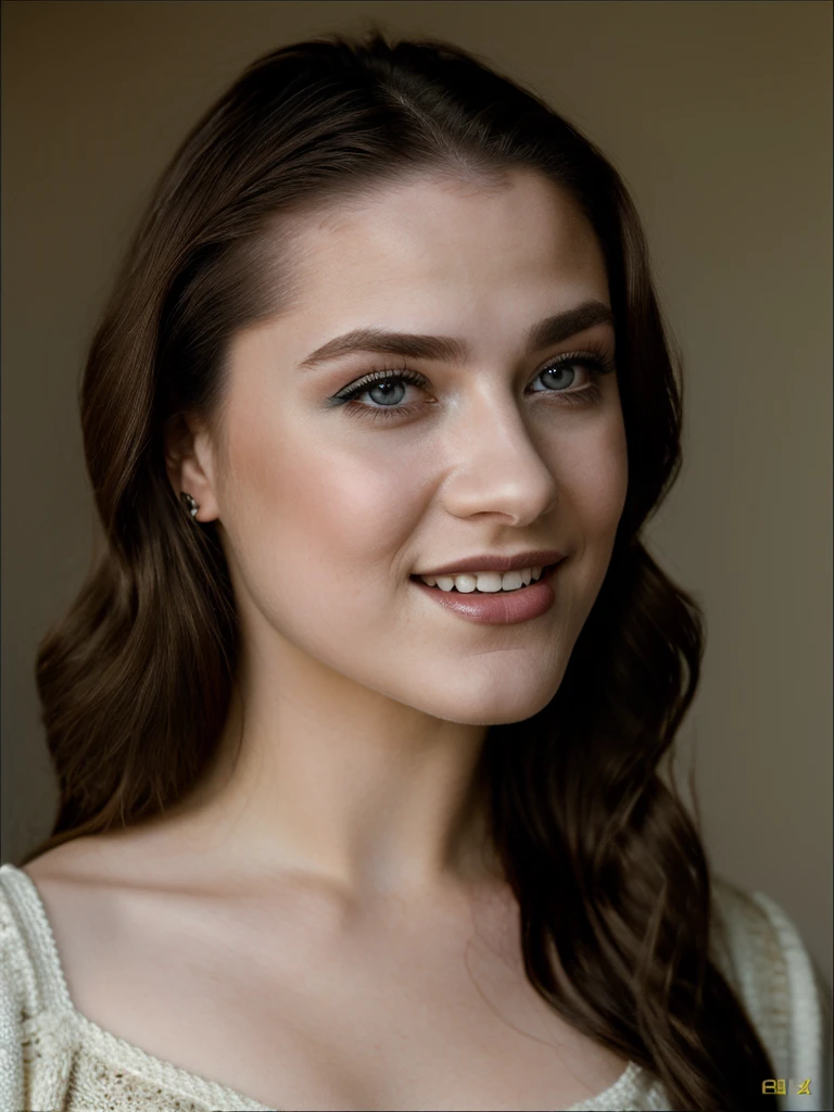 Realistic photo of a beautiful 3v4nr4ch3l woman,1girl, solo, long hair, smile, brown hair, teeth, sweater, lips, grey eyes, makeup, lipstick, portrait, realistic, professional Photography, Photorealistic, detailed, RAW, analog, sharp focus, 8k, HD, DSLR, high quality, Fujifilm XT3, film grain, award winning, masterpiece<lora:3v4nr4ch3l:1.0>