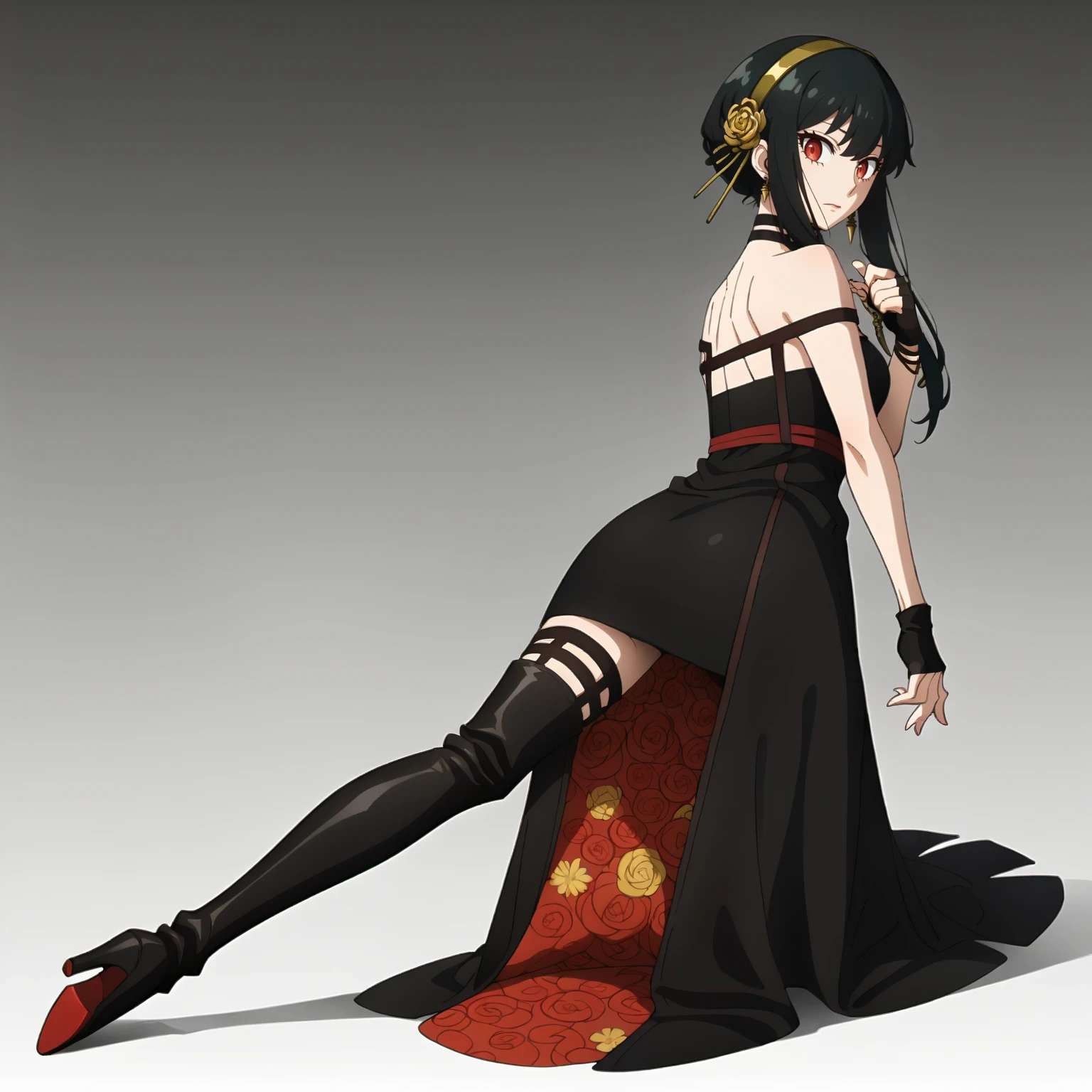 <lora:YorForgerXLpony004>,
solo,
YorForger,1girl,black hair,red eyes,short hair with long locks,
gold hairband,hair flower,
black choker,
black dress,sleeveless,off shoulder,
floral_print,
fingerless gloves,
black footwear,thigh high heel boots,
full body,looking back,