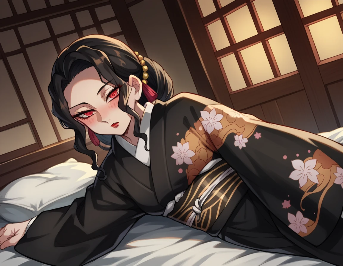 score_9, score_8_up, score_7_up, source_anime,
muzankibutsuji, <lora:muzan-kibutsuji-ponyxl-lora-nochekaiser:1>,
muzan kibutsuji, black hair, hair ornament, red eyes, red lips,
japanese clothes, wide sleeves, kimono, sash, obi, floral print, black kimono,
indoors, bed, bed room, on side, blush, drunk,
solo, dutch angle, looking at viewer, cowboy shot,