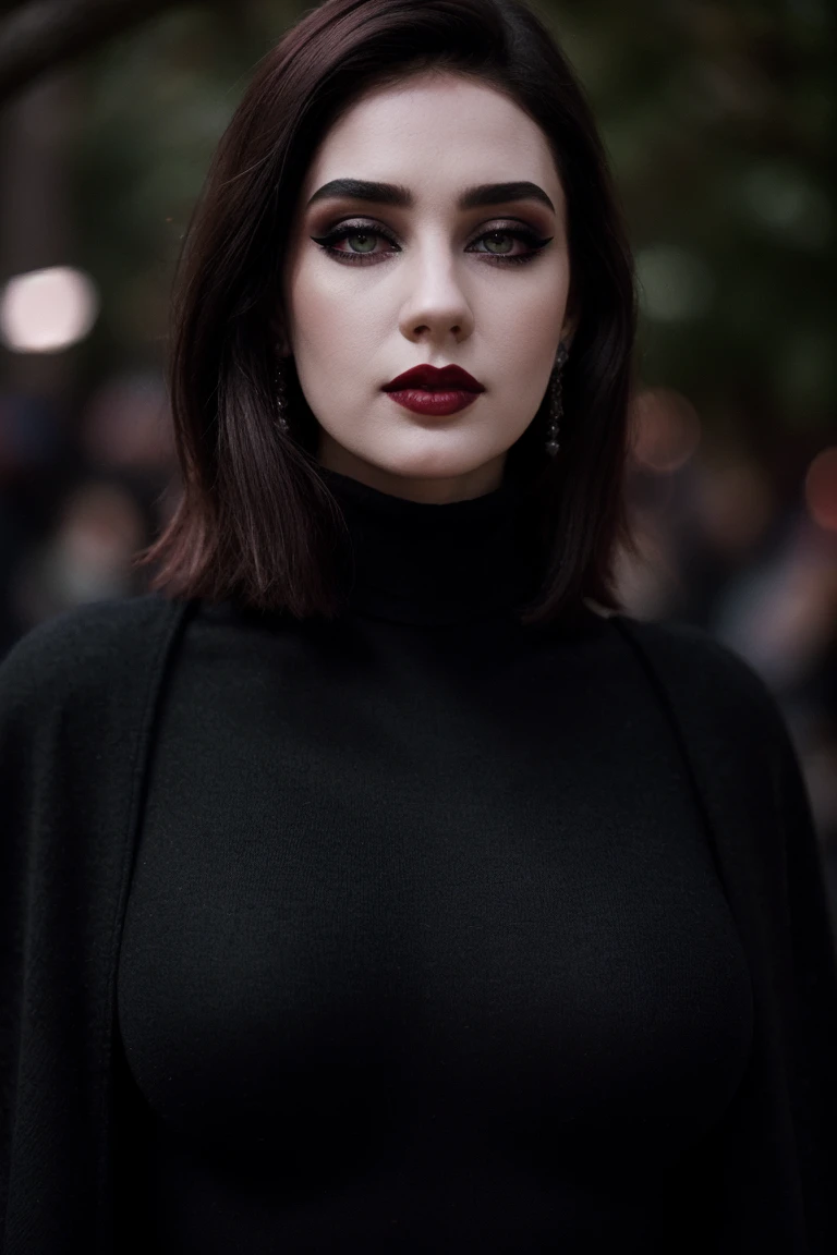 <lora:jenniferconnelly-04:0.6>,jenniferconnelly,(epic), (closeup, portrait), , photo of a woman, RAW,  ((cape, skintight turtleneck bodysuit)),((outdoors, at night)), ((dark red hair, short hair)), ((outdoors, military parade)), ((heavy eyeliner, heavy eye shadow, goth makeup, black lipstick, pale skin)), ((detailed skin, detailed face):1.2), ((detailed eyes, beautiful eyes)), 8k uhd, dslr, soft lighting, high quality, film grain, Fujifilm XT3 sharp focus, f 5.6,((red lipstick, blush))