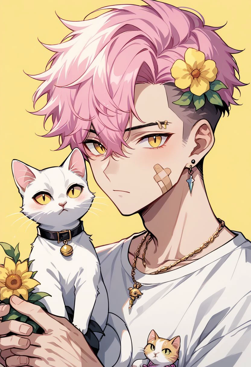 pastel style, 1boy, flower, male focus, yellow background, jewelry, pink hair, earrings, looking at viewer, cat, hair flower, hair ornament, undercut, simple background, animal, holding, white shirt, upper body, solo, short hair, shirt, bandaid on face, bandaid, holding animal, closed mouth, long sleeves, holding cat, multicolored hair, necklace, hair between eyes, yellow flower, soft color, soft hues, chalk, pigment, pastel color, pastel pencil technique, soft color tones, pastel painting, pastel (medium), zPDXL