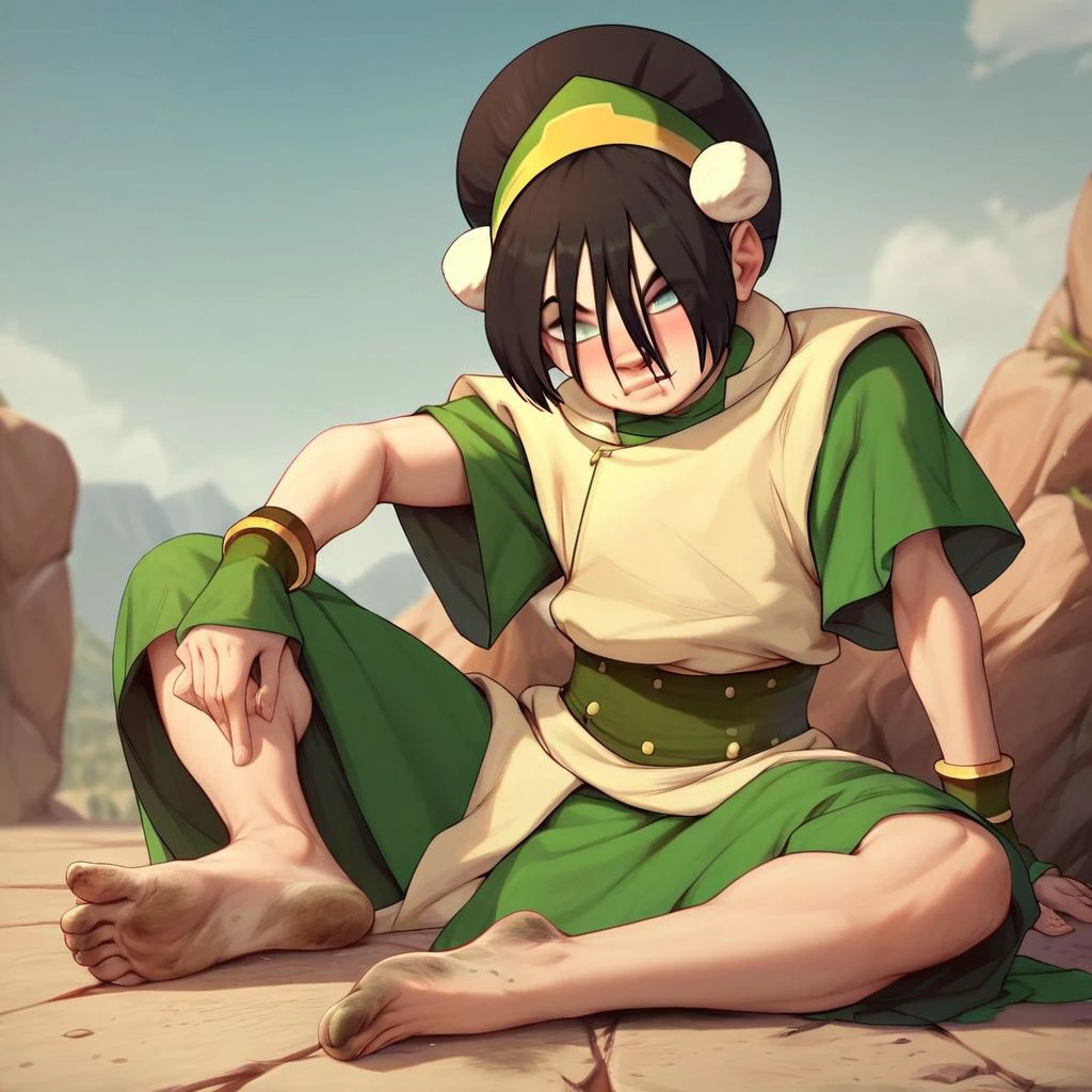 score_9, score_8_up, score_7_up, score_6_up, score_5_up, score_4_up, rating_explicit, 1girl, Toph, blind, sitting on the ground, barefoot, dirty feet, rocky terrain