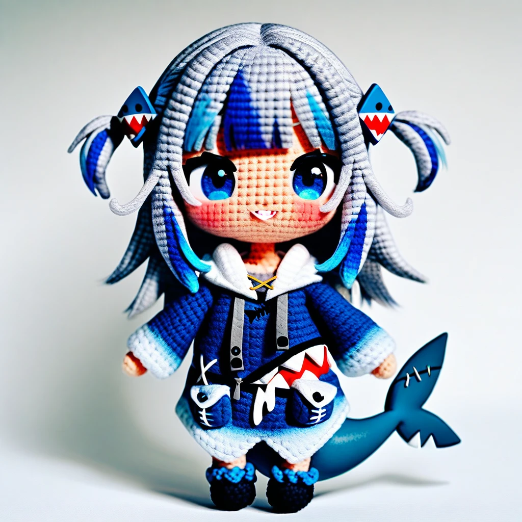 amigurumi-style, amigurumi,1girl, gawr gura, virtual youtuber, tail, fish tail, shark tail, solo, blue eyes, multicolored hair, grey hair, blue hair, streaked hair, bangs, hair ornament, shark hair ornament, two side up, white background, hood, blunt bangs, shark girl, hoodie, simple background, blue hoodie