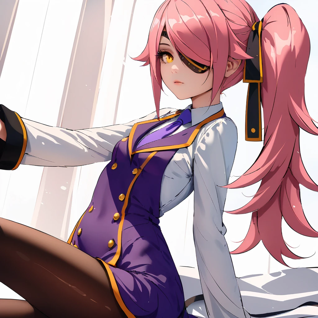 (masterpiece), (best quality), (ultra-detailed), Konoe_Ayatsuki_Mercury \(XB\),1girl, solo, long hair, long sleeves, dress, yellow eyes, pink hair, breasts, small breasts, pantyhose, necktie, hair over one eye,purple uniform, side ponytail, orange eyes, eyepatch, illustration, disheveled hair, detailed eyes, perfect composition, moist skin, intricate details, earrings, by wlop, Konoe_Ayatsuki_Mercury \(XB\),1girl, solo, long hair, long sleeves, dress, yellow eyes, pink hair, breasts, small breasts, pantyhose, necktie, hair over one eye,purple uniform, side ponytail, orange eyes, eyepatch, cinematic, stunning, highly detailed, extremely intricate