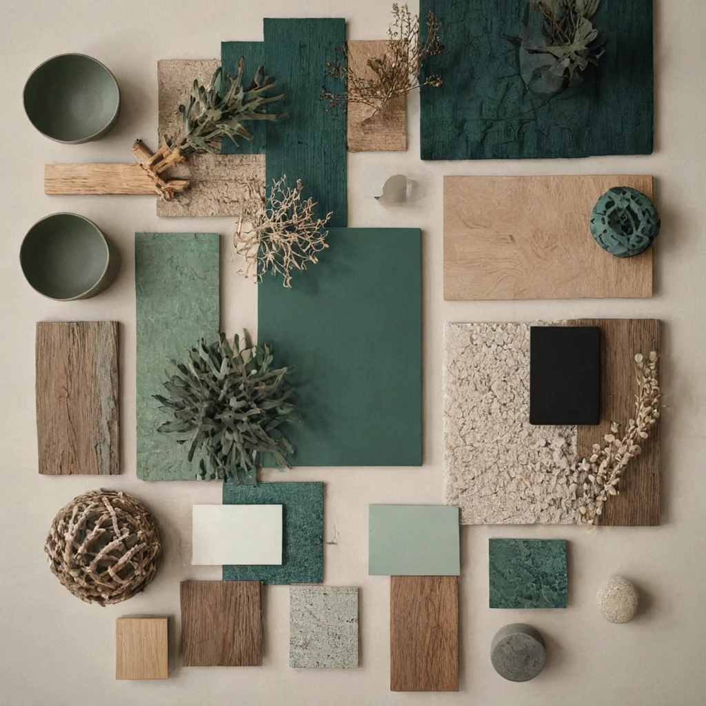 <lora:MoodBoard_V1-000005:1>  simple Mood board of a interior design, background beige, with green finishes, with wood,, perfect photo , extremely detailed, aesthetic, vibrant, evening, striking design