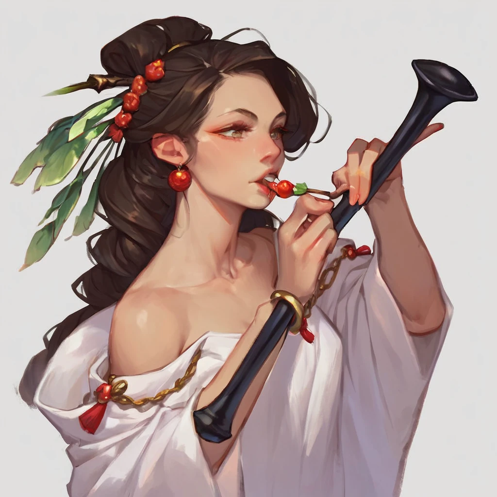 score_9, score_8_up, score_7_up, Fs_Food, white background, simple background,
A young woman, dressed in a flowing immortal robe, wearing a hairpin adorned with moonstone. She holds a jade flute, carved with mysterious runes from the immortal realm, playing melodies that seem to intoxicate people into the realm of immortality. Her beauty is exquisite, her gaze revealing a hint of mystery and pride,
, <lora:foodpony51601-000022:0.6>, <lora:neg4all_bdsqlsz_xl_V7:1>