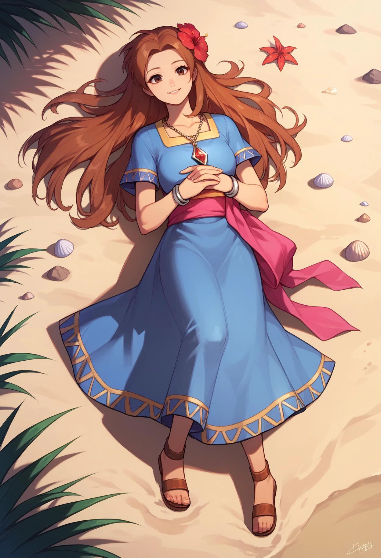 score_9,  score_8_up, solo, <lora:Degen_Marin_v1-000009:.8> marin, blue dress, sash, necklace, bracelet, short sleeves, single hair flower, sandals, brown eyes, smile, beach, long hair laying down