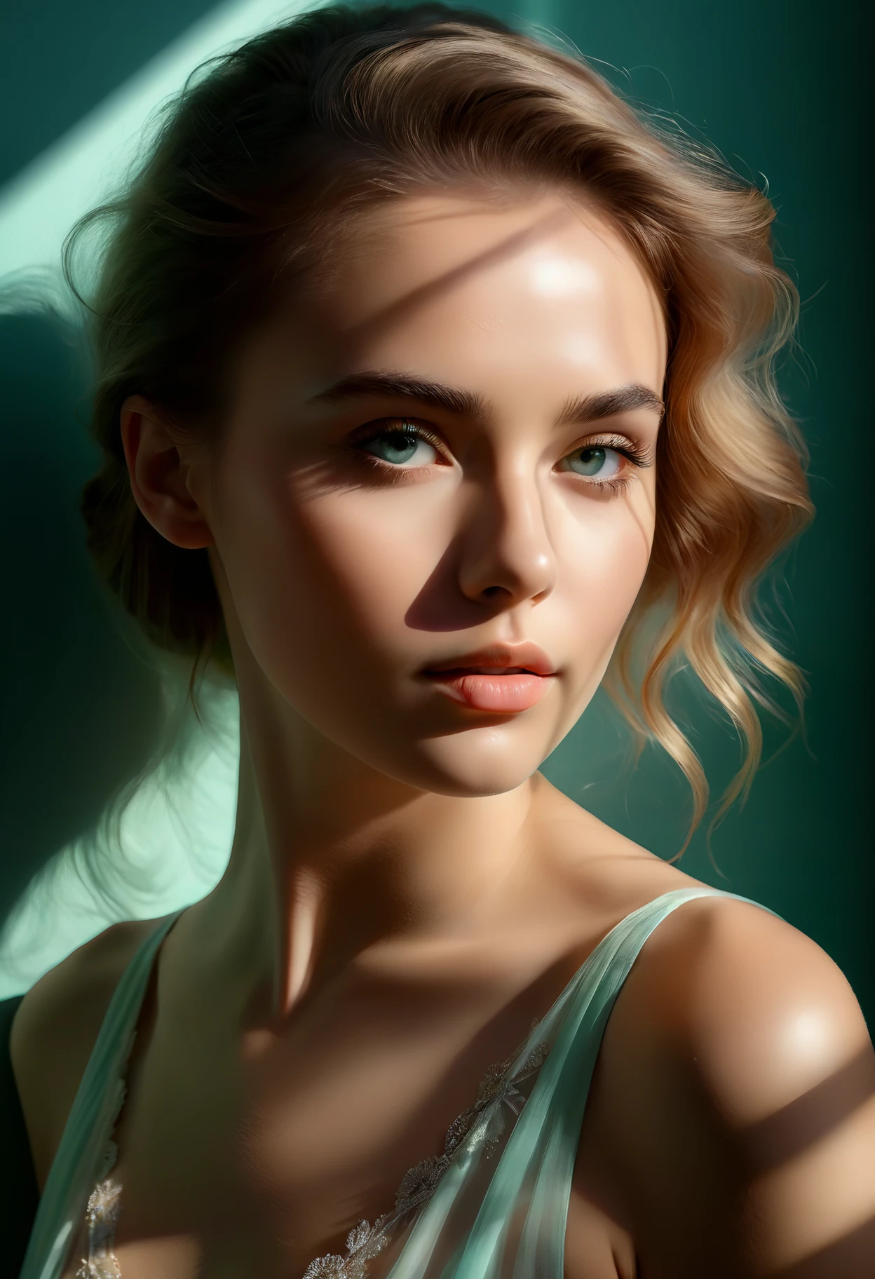 The portrait of a woman, captured on Leica, showcases exquisite shadow play and sublime lighting. Pastel hues add a subtle touch, enhancing her ethereal beauty. The 8K resolution reveals every detail, from the soft shadows across her face to the subtle shine in her eyes, creating an image that is both intimate and awe-inspiring.