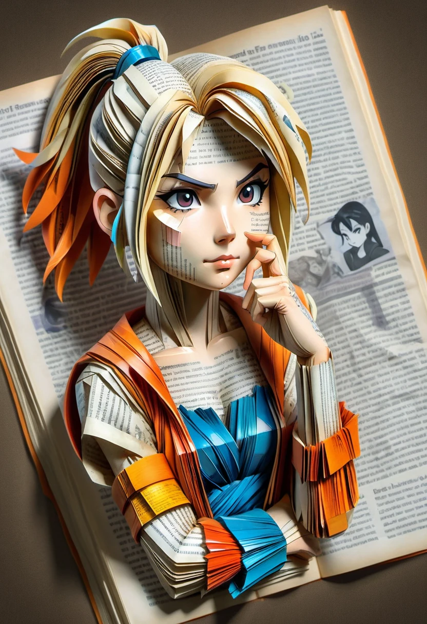 (((masterpiece))) , (((best quality))) , anime style, 2d, well-built charming 1girl, solo, lovely 1girl, 
Bookpaper, portrait of  Krillin with a book-like appearance, vibrant paint. she’ s resting her hand on her chin, made out of pages of newspaper, creating a striking and eye-catching scene., she has Shaved sides hair, key visual, 