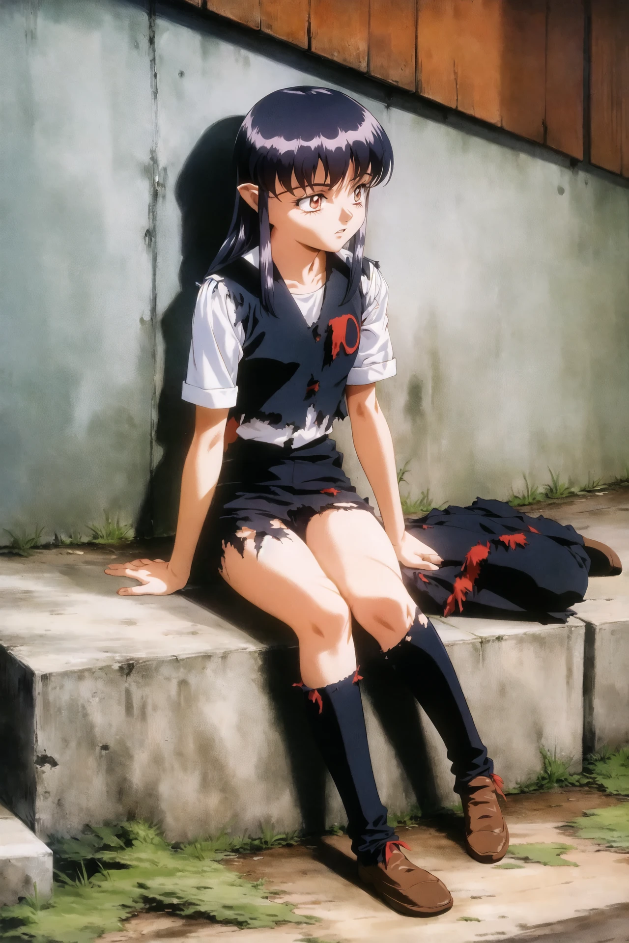 masaki aeka jurai, tenchi muyou!, 1girl, solo, torn clothes, torn legwear, 1990s \(style\), full body, sitting <lora:90sv3.0R:0.6>