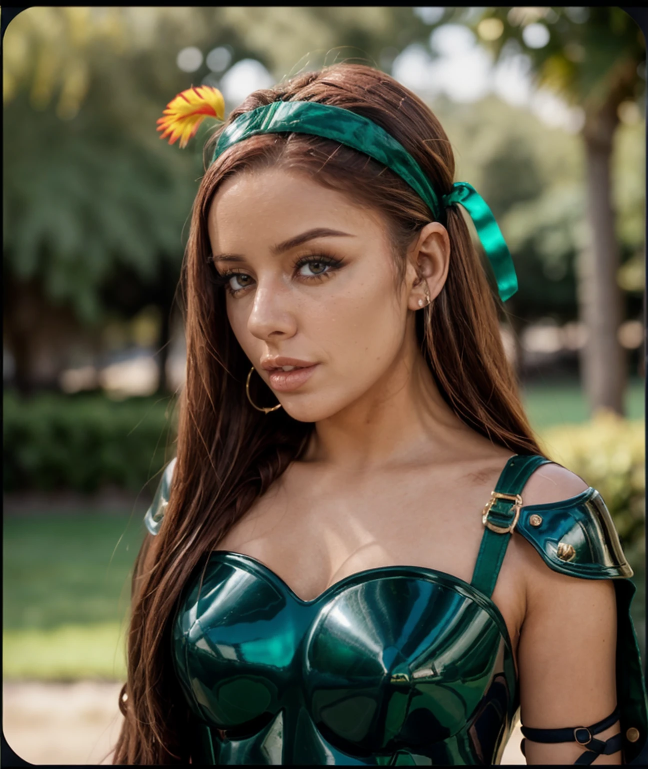 cinematic photo ,  <lora:quiron_VannaBardot_v1230_Lora:0.87> vannabardotquiron, vannabardot, 1girl, long hair, realistic, Casual Emerald Knight's armor with Headbands , . 35mm photograph, film, bokeh, professional, 4k, highly detailed