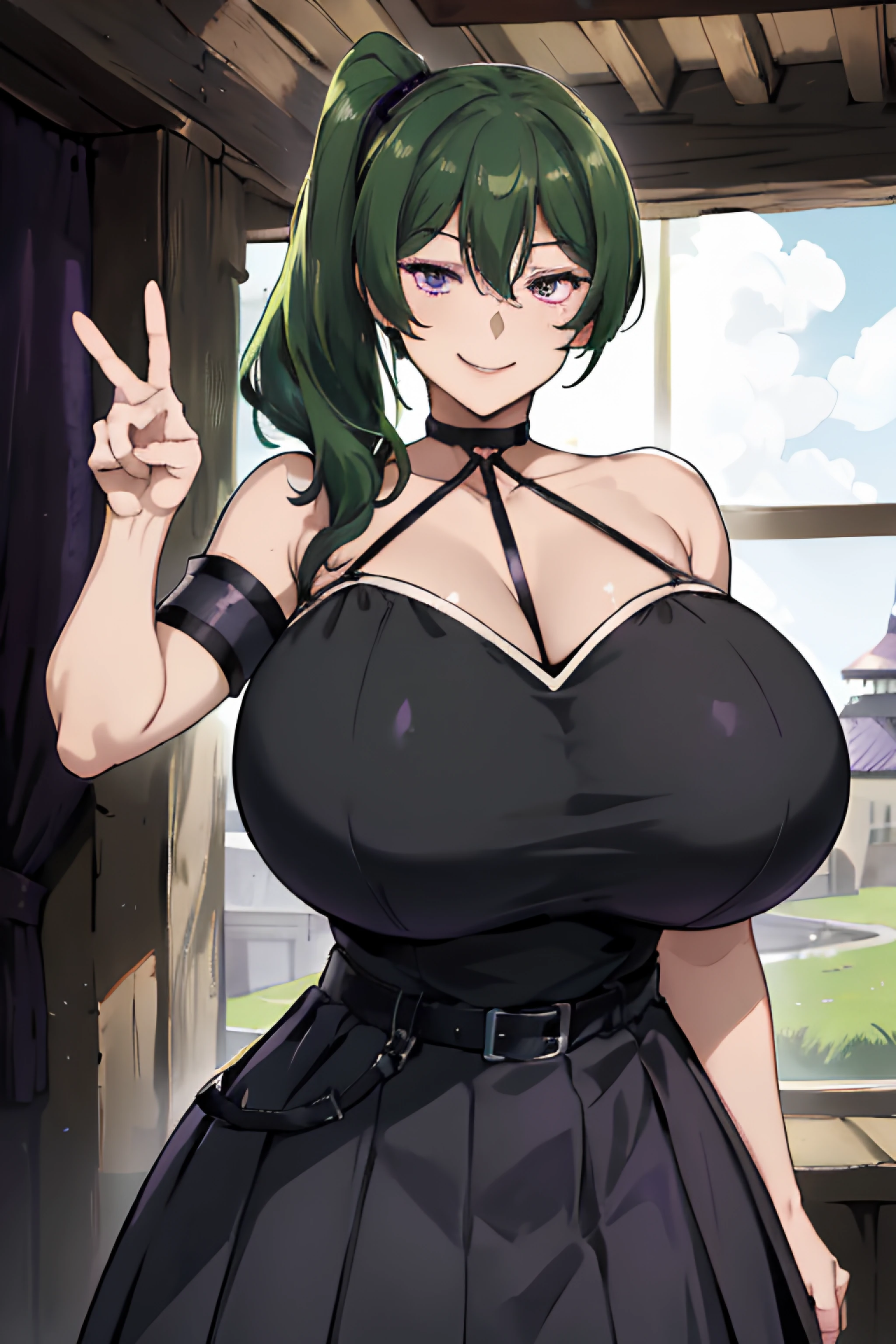 1girl,smiling,looking at viewer,halterneck,sleeveless black dress,pleated skirt,high strap,armband,single glove,green hair,side ponytail,(purple eyes:1.1),(gigantic breasts:1.35),peace sign,pointing viewer,erotic stance,indoors,castle, <lora:Ubel:0.95>