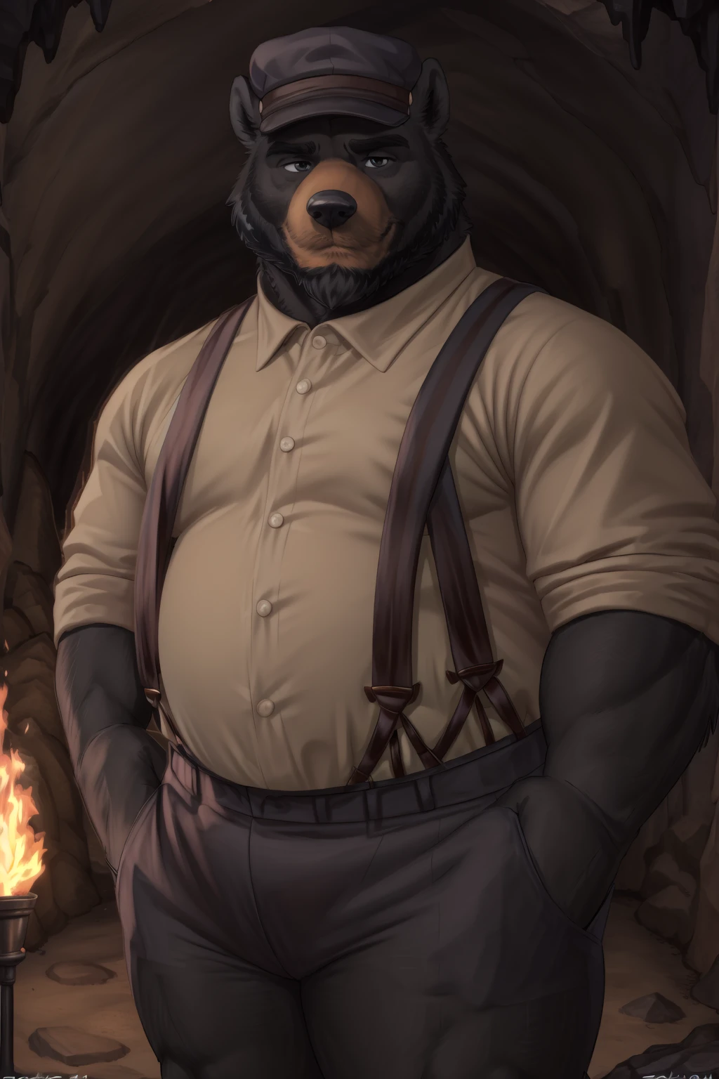 <lora:dimitri-06:1>, dimitritsr, bara, (black fur:1.3), plump, musclegut, mature male, beard, (pinup), (pose), (soft shading), 4k, hi res, ((detailed face, detailed eyes)), by zackarry911, by zaush, (by personalami:0.5), hat, shirt, suspenders, cave mine, torch