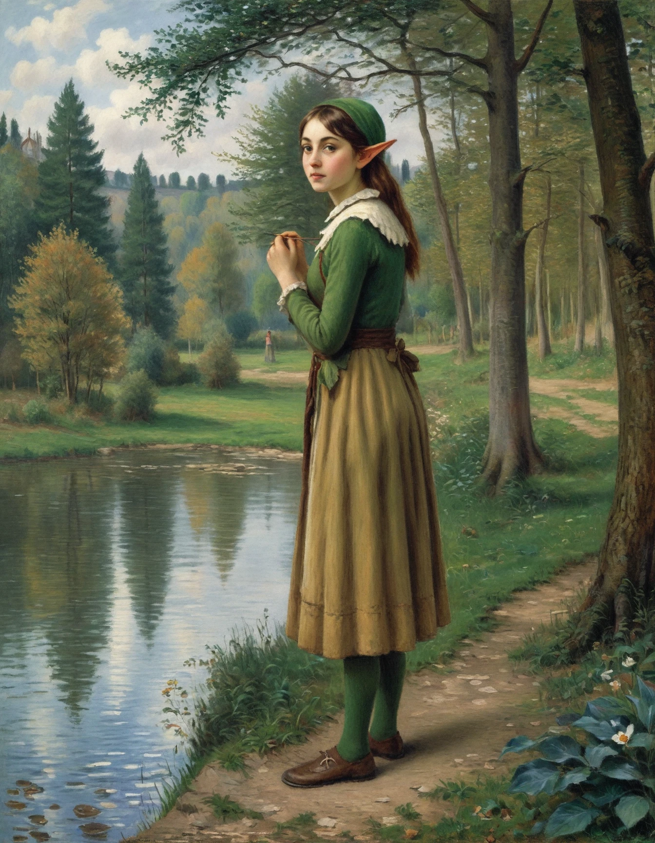 painting of a elf girl in the forest, by a lake. art by artist Camille Pissarro