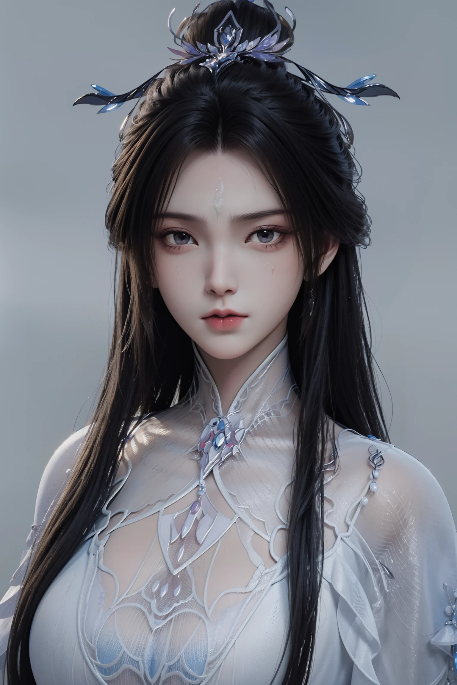 <lora:luxueqiCN:1>,luxueqi,
1girl,solo,long hair,forehead mark,hair ornament,black hair,facial mark,alpha transparency,see-through,upper body,looking at viewer,simple background,expressionless,jewelry,dress,hair bun,closed mouth,white dress,grey background,, best quality , masterpiece, illustration, an extremely delicate and beautiful, extremely detailed ,CG,unity,8k wallpaper, Amazing, finely detail, masterpiece, best quality,official art,extremely detailed CG unity 8k wallpaper,absurdres, incredibly absurdres, huge filesize , ultra-detailed, highres, extremely detailed,beautiful detailed girl, extremely detailed eyes and face, beautiful detailed eyes,light on face,
