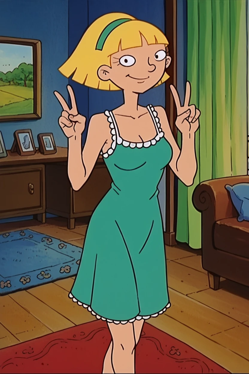 score_9_up,score_8_up,score_7_up,score_6_up,score_5_up,score_4_up BREAK olga pataki,1girl,solo,retro artstyle,blonde hair,black eyes,short hair,blunt bangs,aqua nightgown, frills, green hairband, sleeveless,indoors, curtains,smile,(arm at side,arm support:1.2,arm down),cowboy shot,looking at viewer, long dress,half-closed eyes, grabbing own breast, bed,sitting, small breasts,medium breasts, <lora:OlgaPony:1>