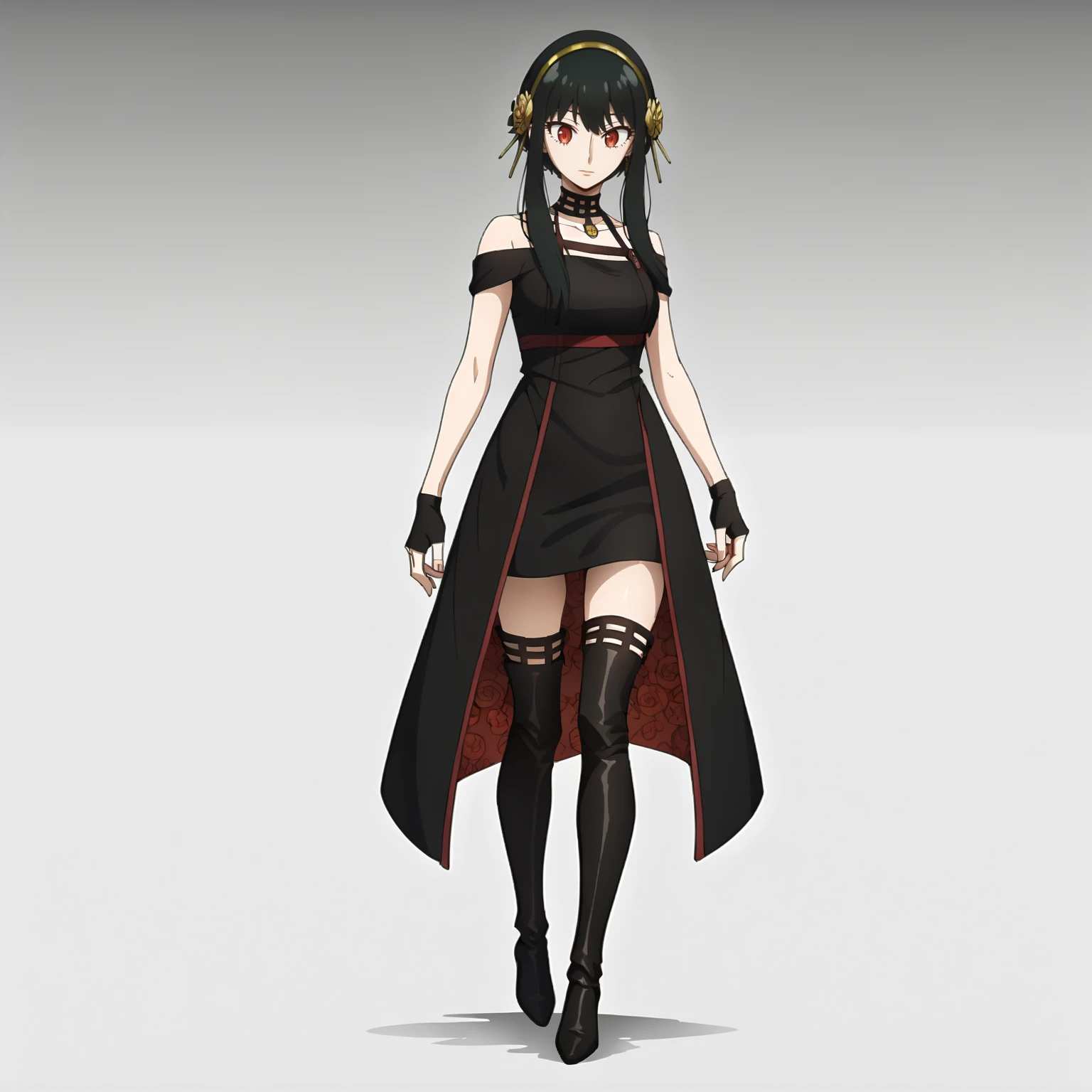 <lora:YorForgerXLpony004>,
solo,
YorForger,1girl,black hair,red eyes,short hair with long locks,
gold hairband,hair flower,
black choker,
black dress,sleeveless,off shoulder,
floral_print,
fingerless gloves,
black footwear,thigh high heel boots,
full body,standing,