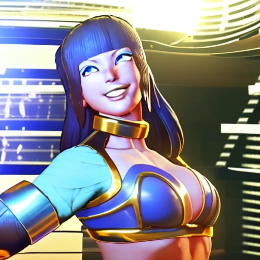 Menat khaibit, down blouse, looking up at viewer grinning.