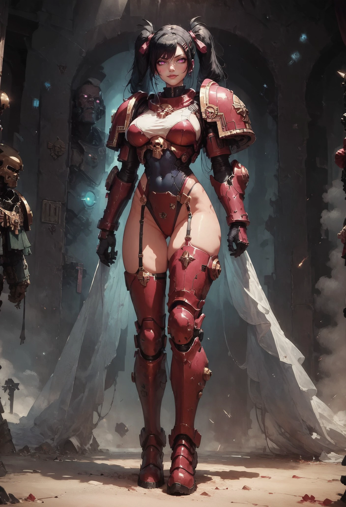 score_9, score_8_up, score_7_up,  full body, female space marine, YuukiNana5e1, dark hair, armored, warhammer 40k    <lora:Concept Art Twilight Style SDXL_LoRA_Pony Diffusion V6 XL:0.8> concept art,   <lora:Expressive_H-000001:0.8> expressiveh  <lora:sinfully_stylish_SDXL>  <lora:Kenva:0.8> knva, <lora:Yuuki_Nanase_Sacred_Sword_Princess:0.6> pink eyes, (bright pupils), hair ornament, hairclip, hair ribbon, twintails