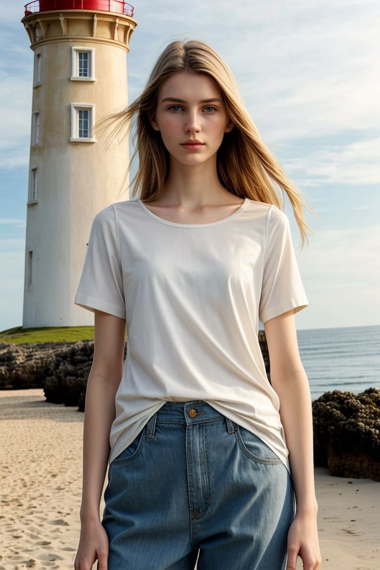 <lora:kawaii7.1.3_obj20:0.75:0.25>, European woman, closeup, sandals, (shirt), pants, (beach lighthouse), ZM_elea, wide shoulders, perfect face, (contact iris: 1.1), pale skin, skin pores , depth of field
